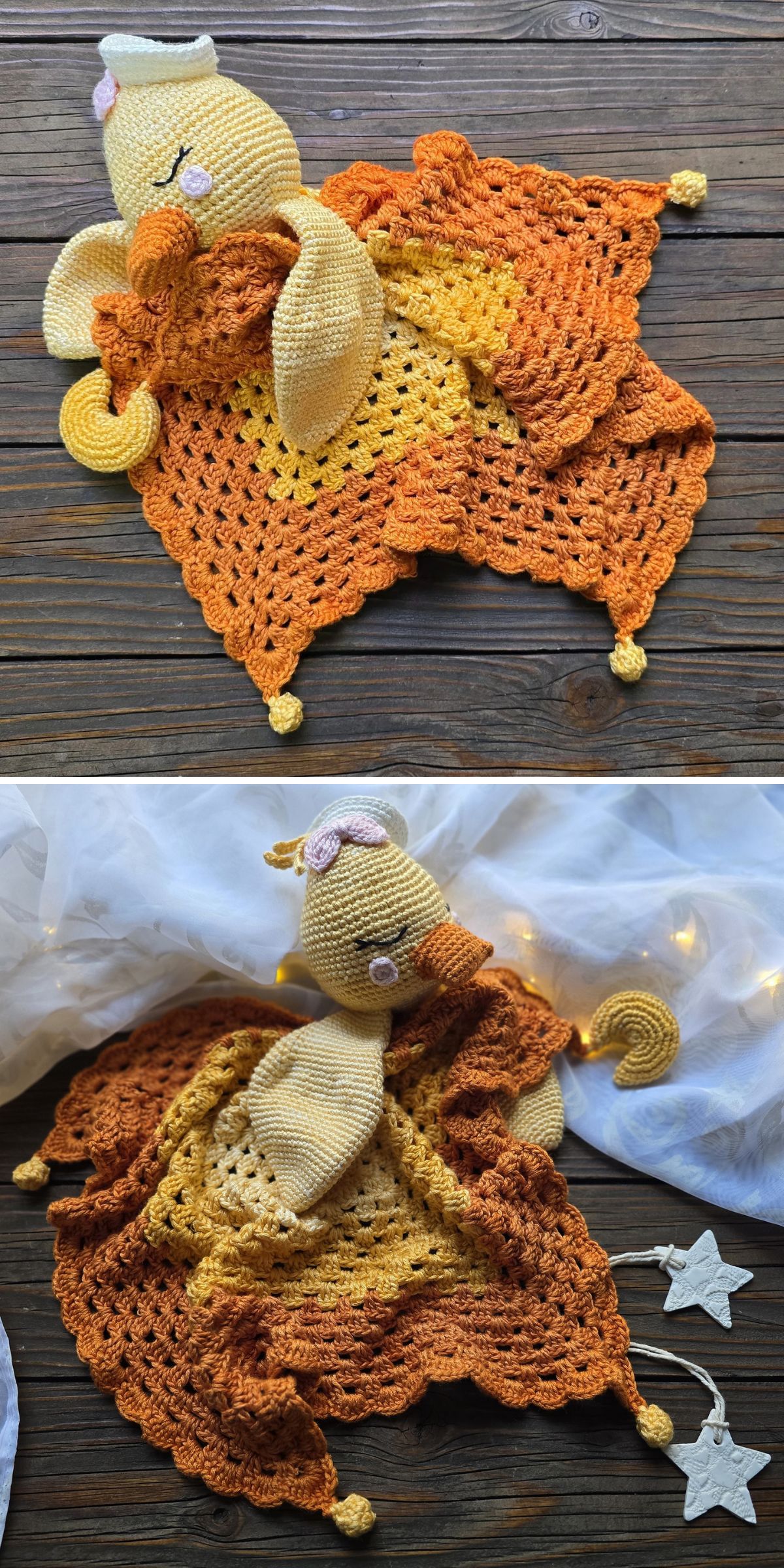 A crochet baby lovey featuring a duck head and a yellow and orange granny square body, displayed on a wooden surface beside sheer fabric with fairy lights.