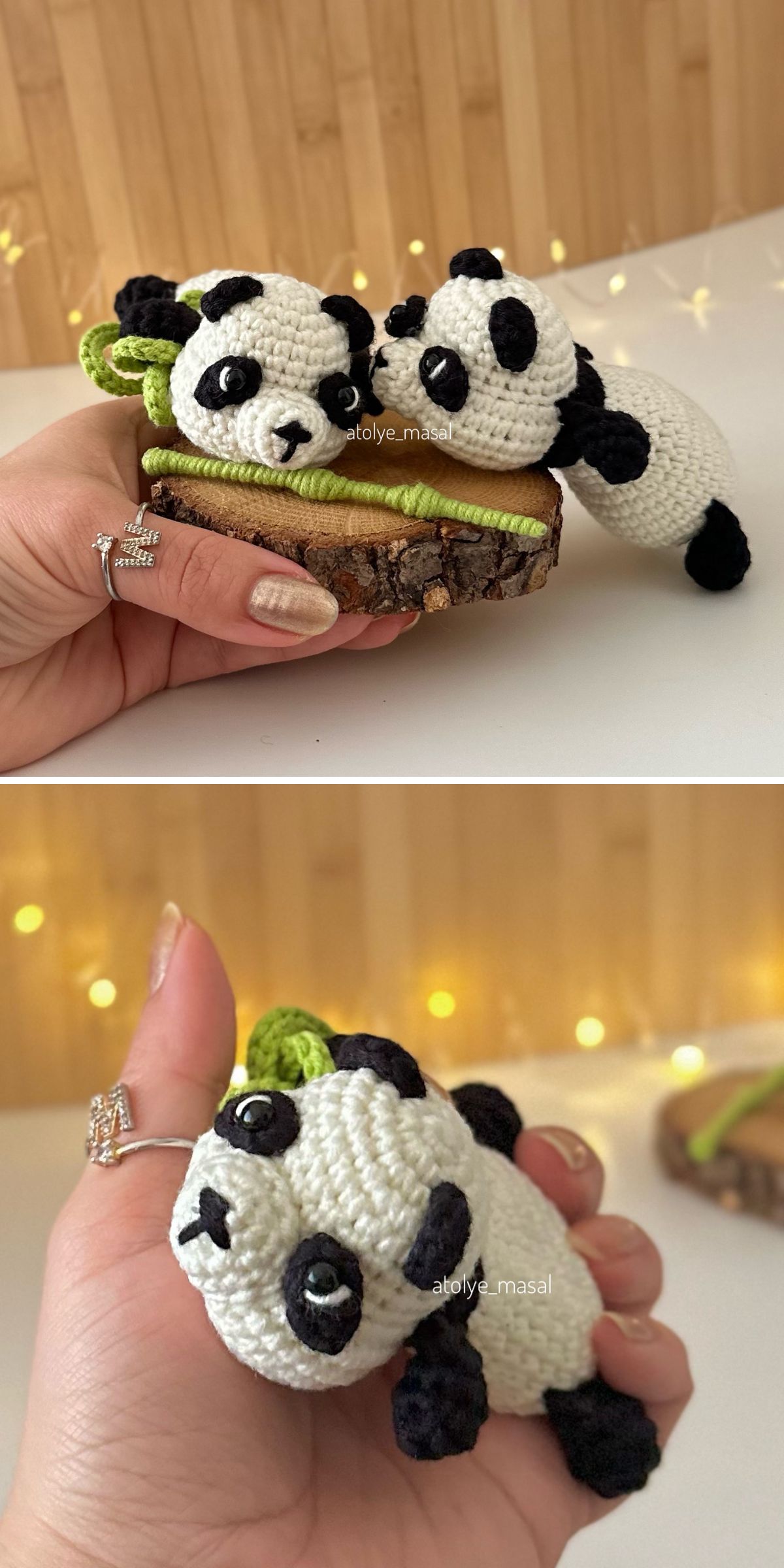 Two Crochet Panda toys are shown; one rests on a faux wood slice with a leaf, while the other is held in hand. The cozy background features blurred string lights and rustic wooden wall panels.