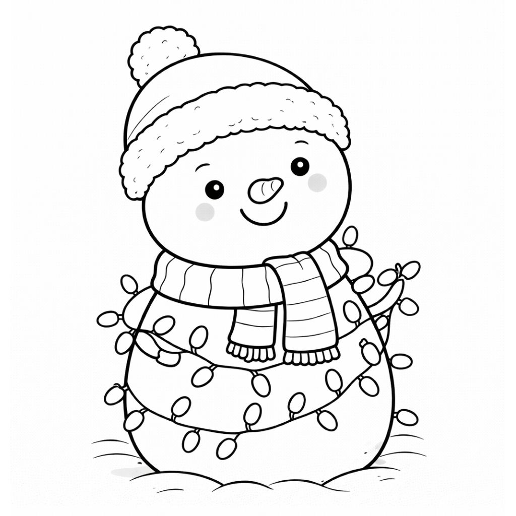 A smiling snowman wearing a beanie and scarf is wrapped in string lights, standing on snow—perfect for fun Christmas coloring pages or free coloring pages to print at home.