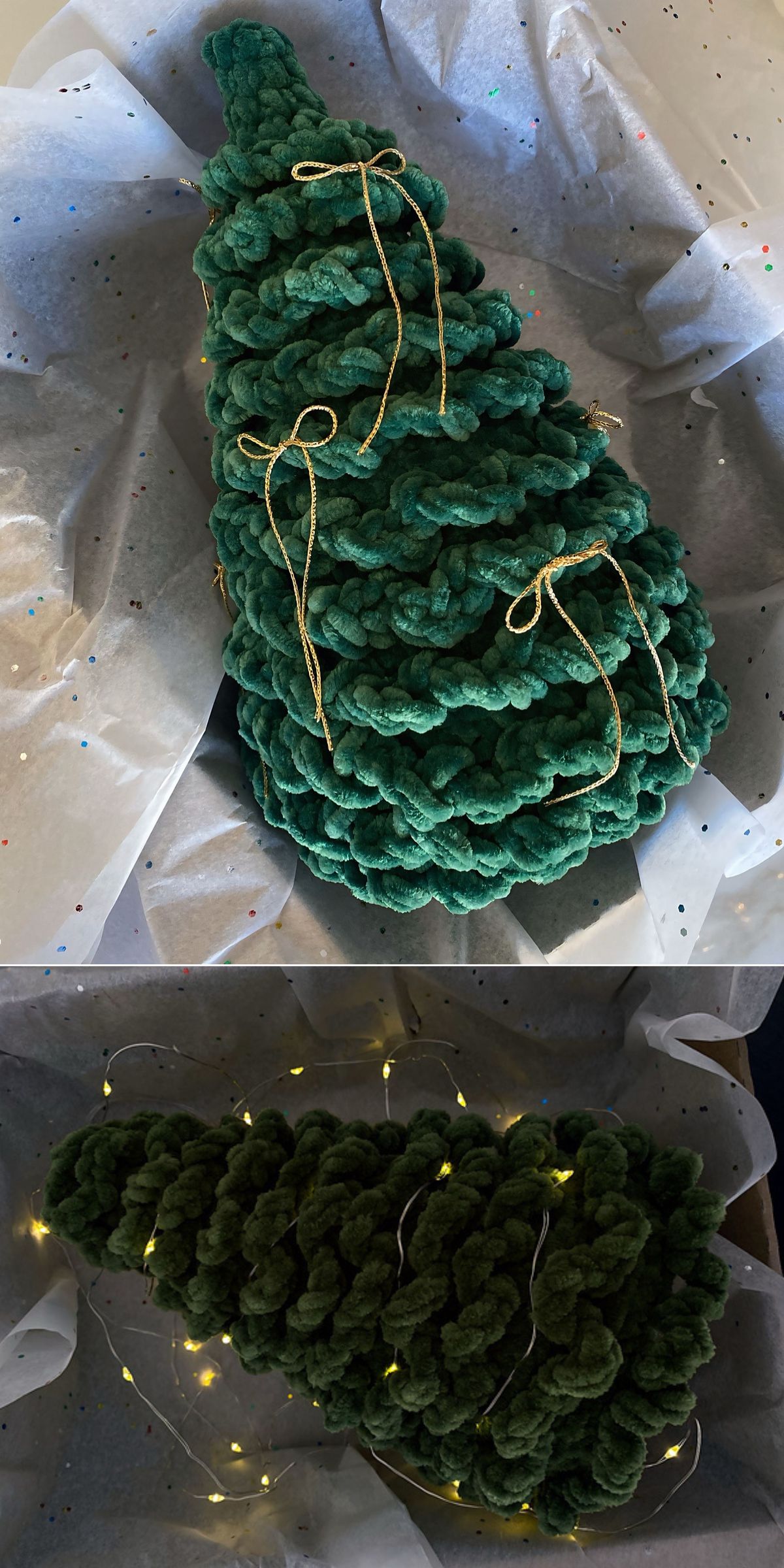 Two images of a crochet Christmas tree: the top features gold ribbon bows on the hand-knitted green tree, while the bottom is decorated with a string of small yellow lights.