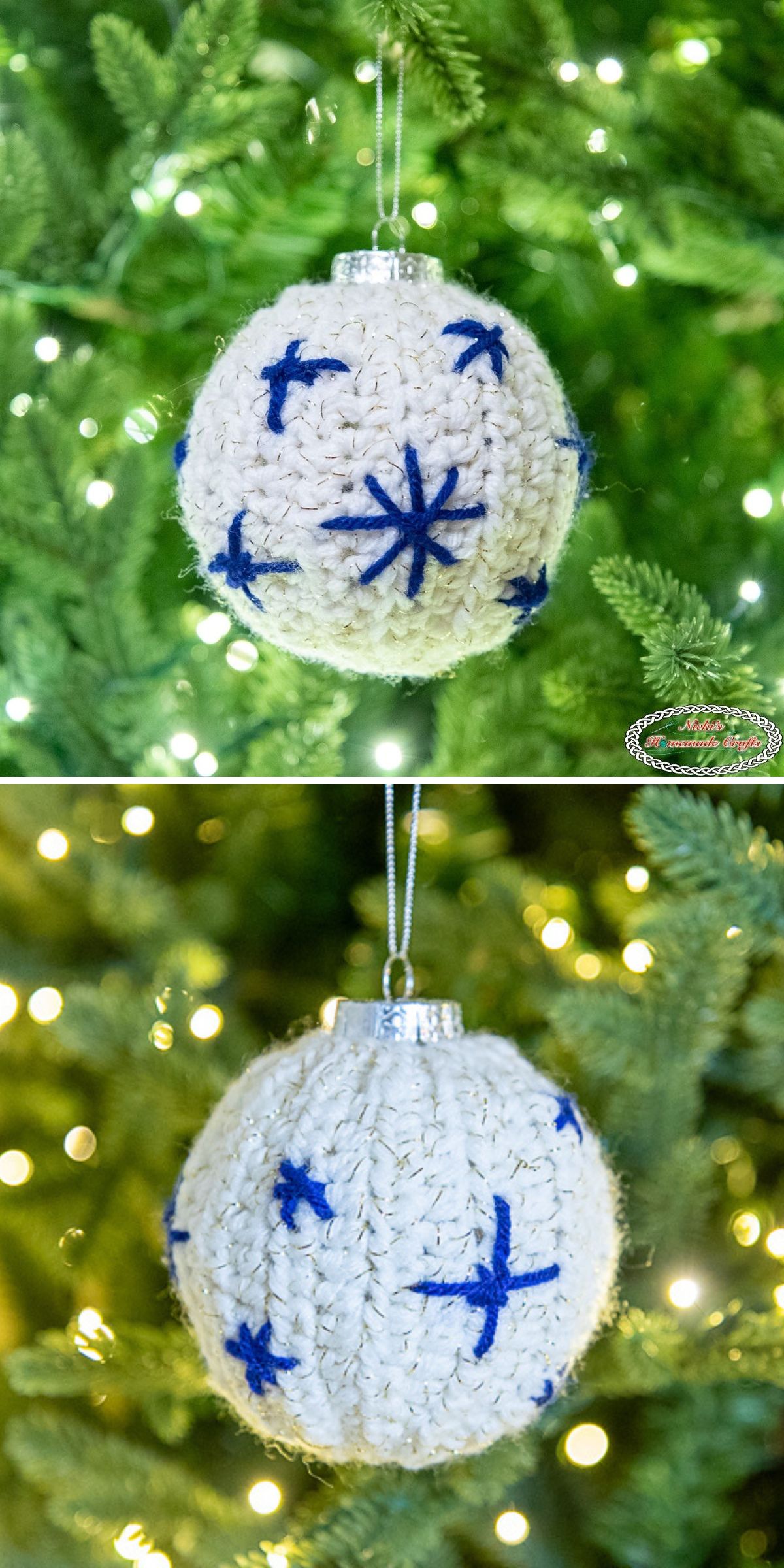 Two images show a white crochet ornament, resembling a delicate snowflake and decorated with blue stitched stars, hanging on a Christmas tree with lights in the background.