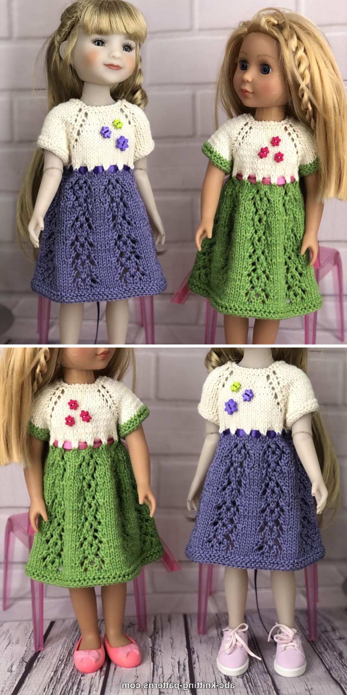 two 14-inch dolls in a purple and green knitted dresses