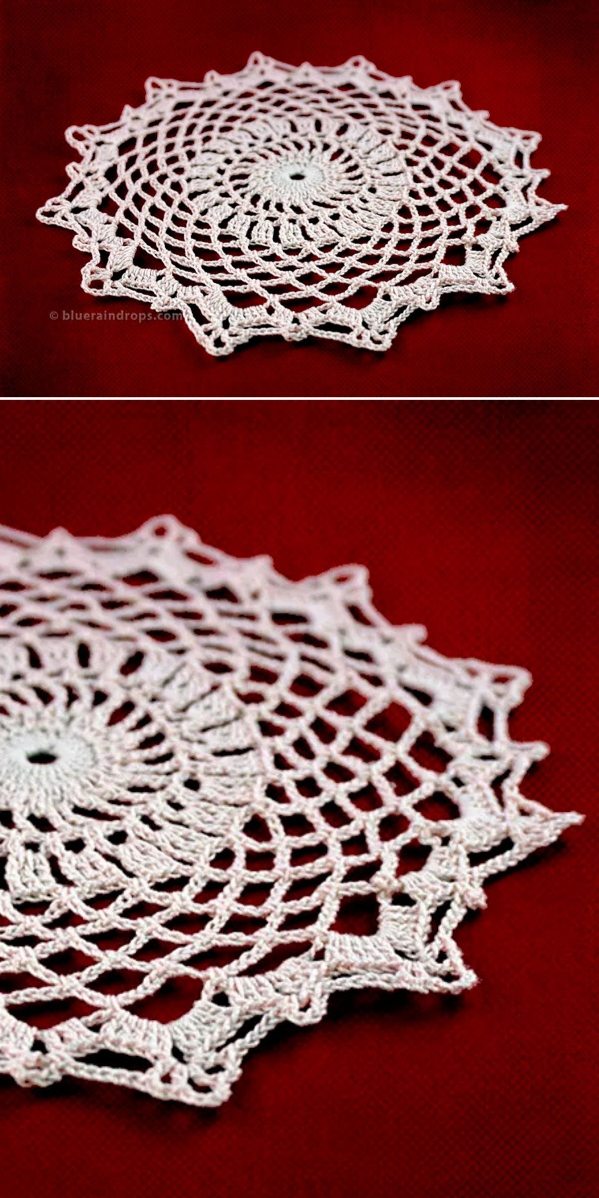 a beautiful white crochet lacy doily on a burgundy background