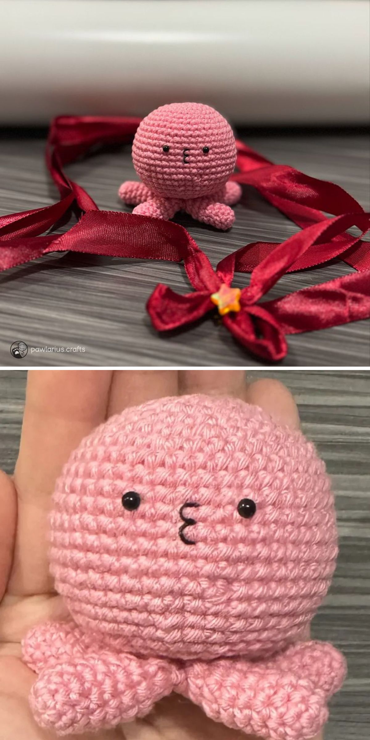 ball-shaped pink crochet octopus decorated with red stripes