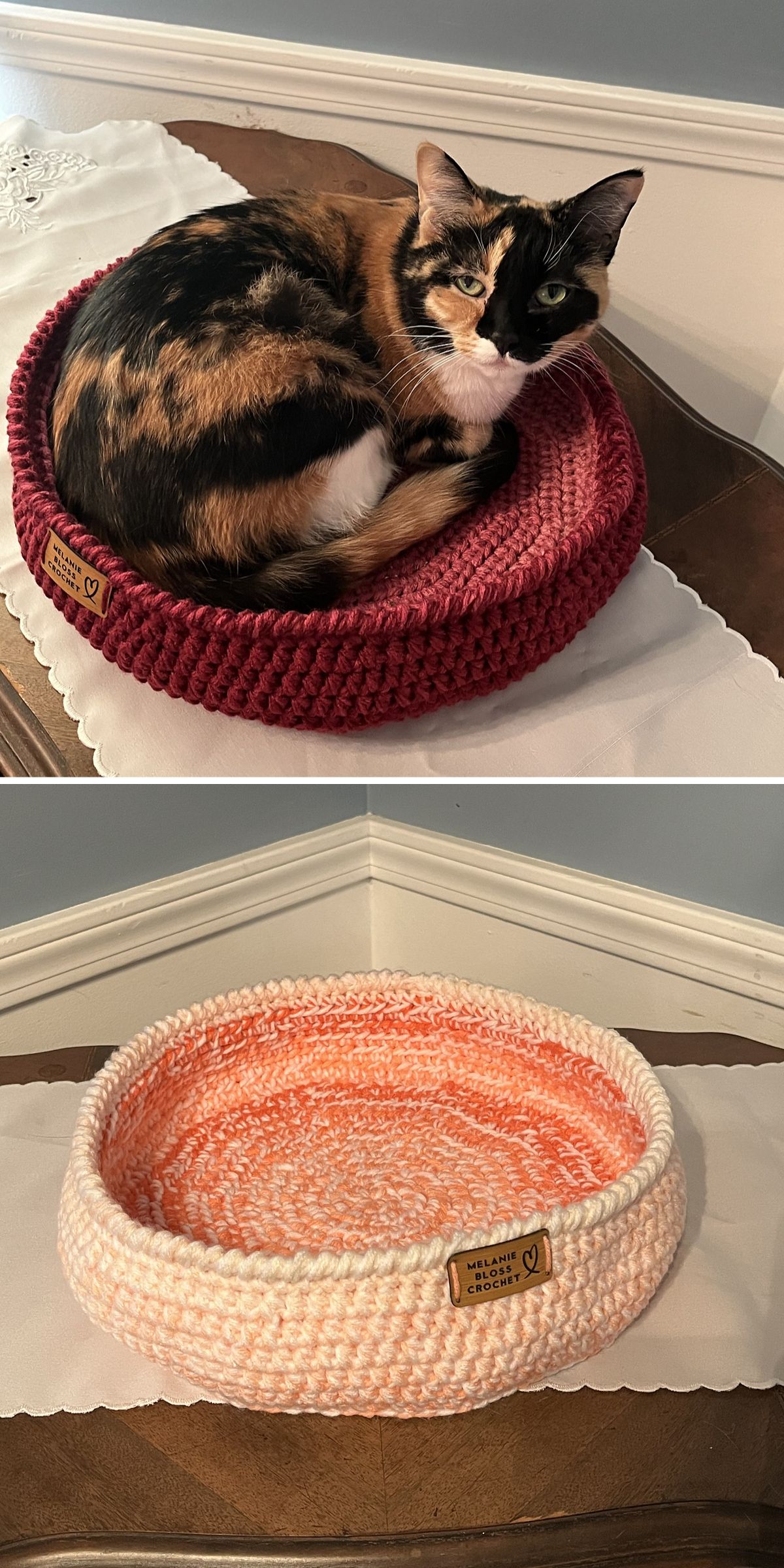 Top: A calico cat curled up in a red knitted pet bed, one of our cozy crochet cat accessories. Bottom: An empty pink and white knitted pet bed on the same table.