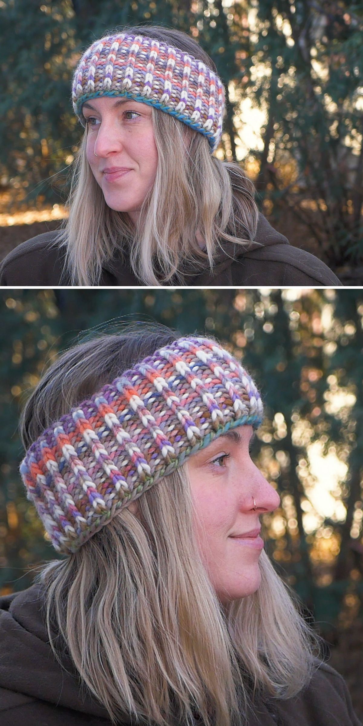 A woman with long blonde hair wears a multicolored knitted headband outdoors. Two images show front and side views, perfect for those looking for headbands or seeking inspiration from free knitting patterns.
