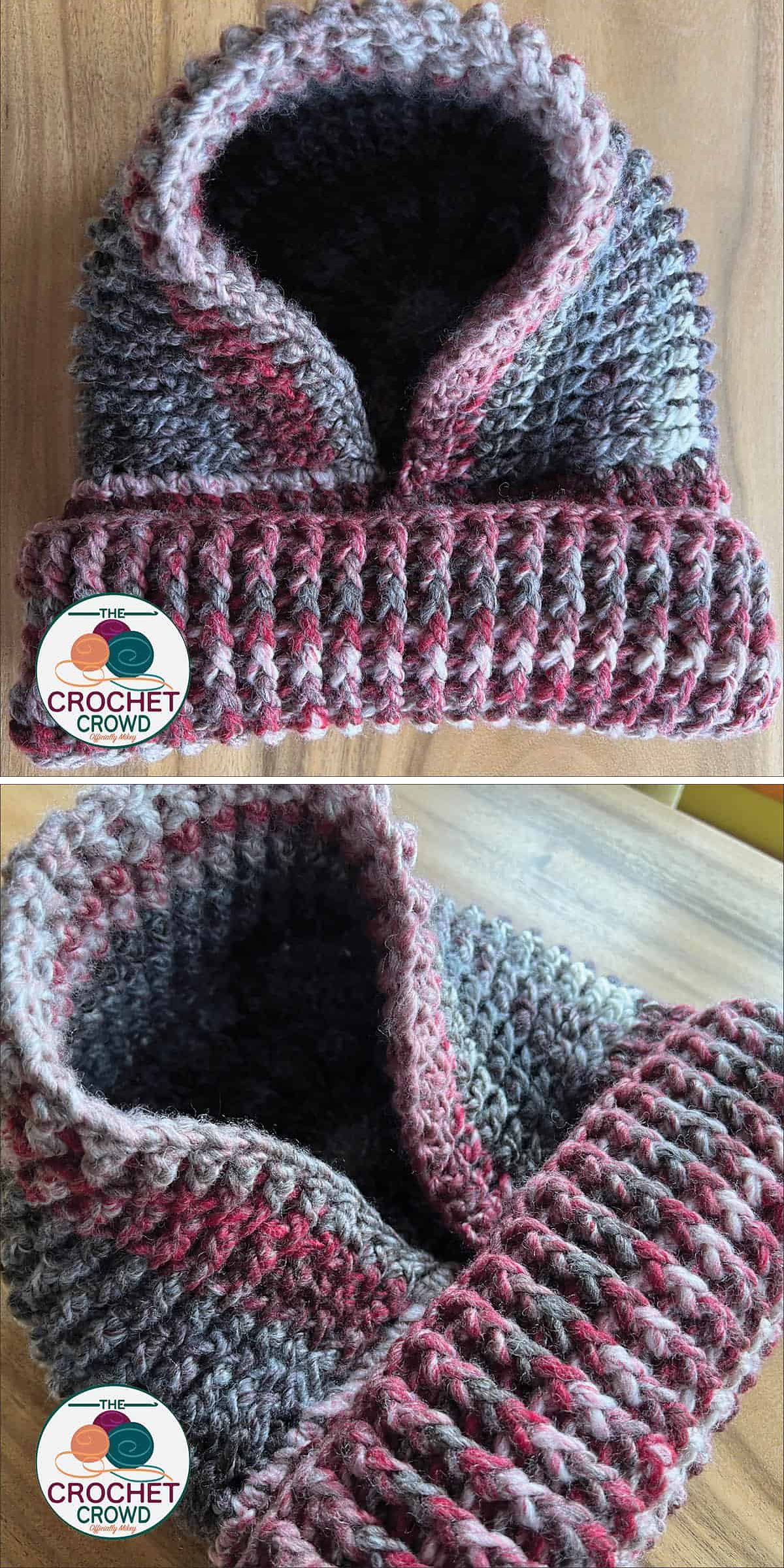 a bold, chunky crochet hood in burgundy and grey colors