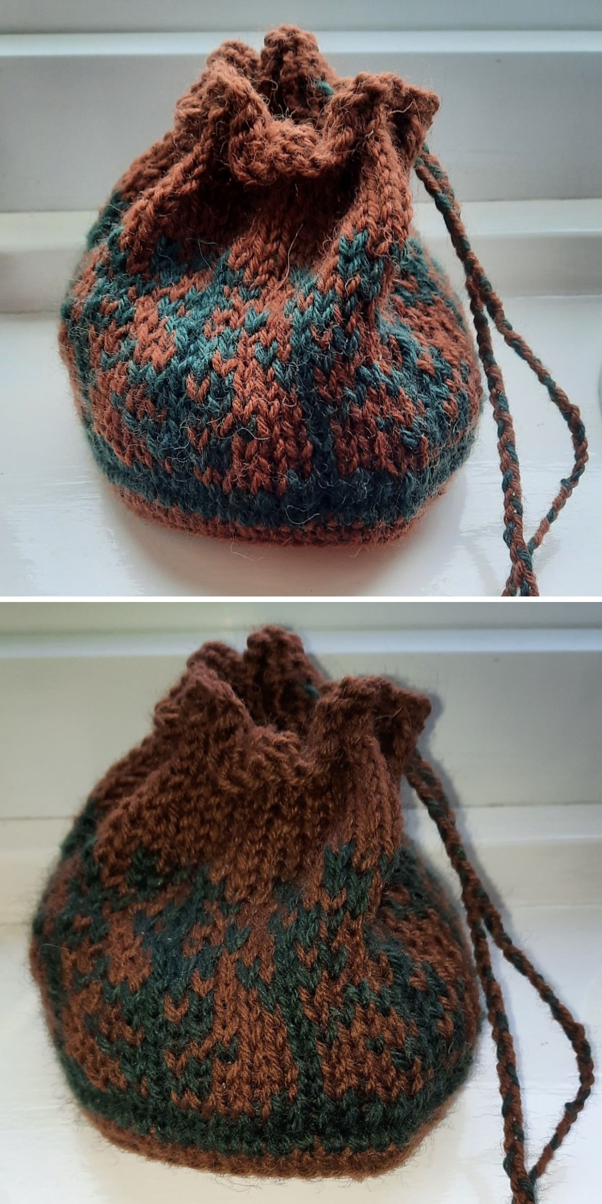 Two photos of a crochet drawstring bag with a brown and green pattern, hand-knitted and shown from different angles on a white surface.