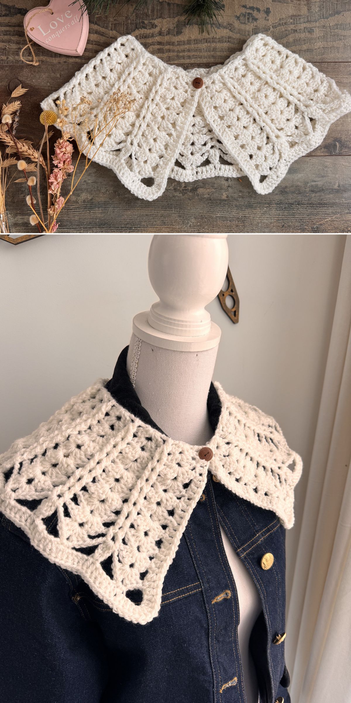 A crochet collar in white with a single button closure is shown laid flat on a table and styled over a denim jacket on a mannequin.