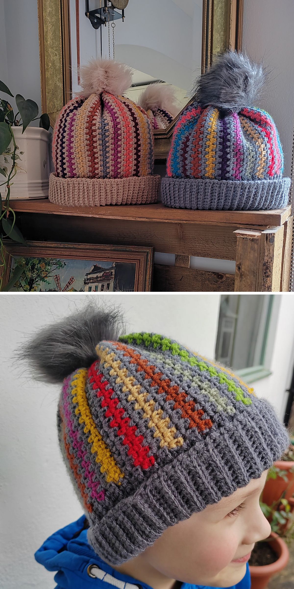 Two photos show striped crochet beanie hats with large pom-poms. The first image features two hats on a wooden shelf, while the second displays a beanie worn by a mannequin.