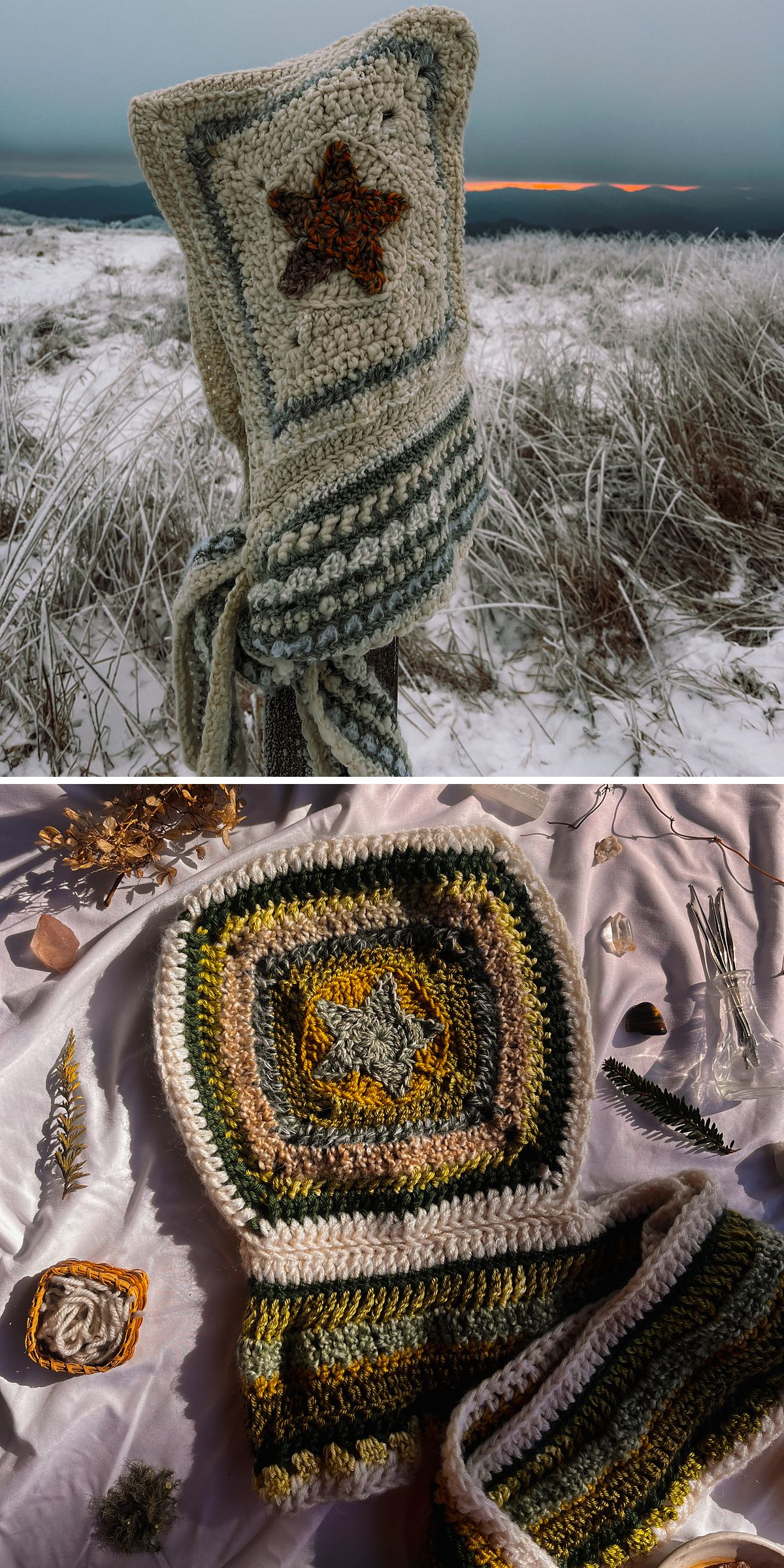 Two images of a bold crochet hood for makers with a star motif: the first shows it outdoors in snowy scenery, while the second displays it laid flat on a cloth surrounded by natural objects.