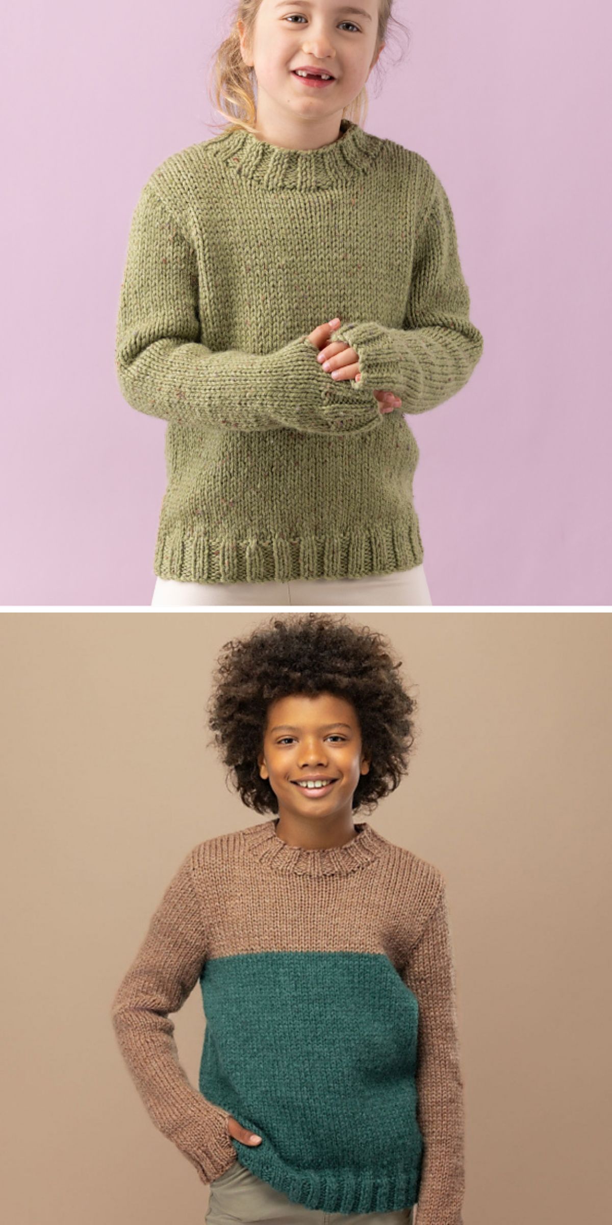 Two children in cozy handmade styles: the top child wears an olive green sweater, while the bottom sports a brown and green color-block design—perfect inspiration for unique kids clothes.