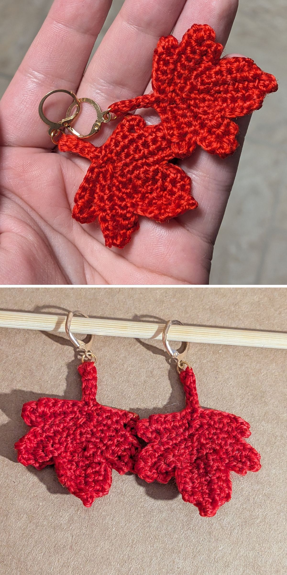 Hand holding crocheted red maple leaf accessories in the first image, and a pair of crochet earrings shaped like maple leaves hanging in the second image.