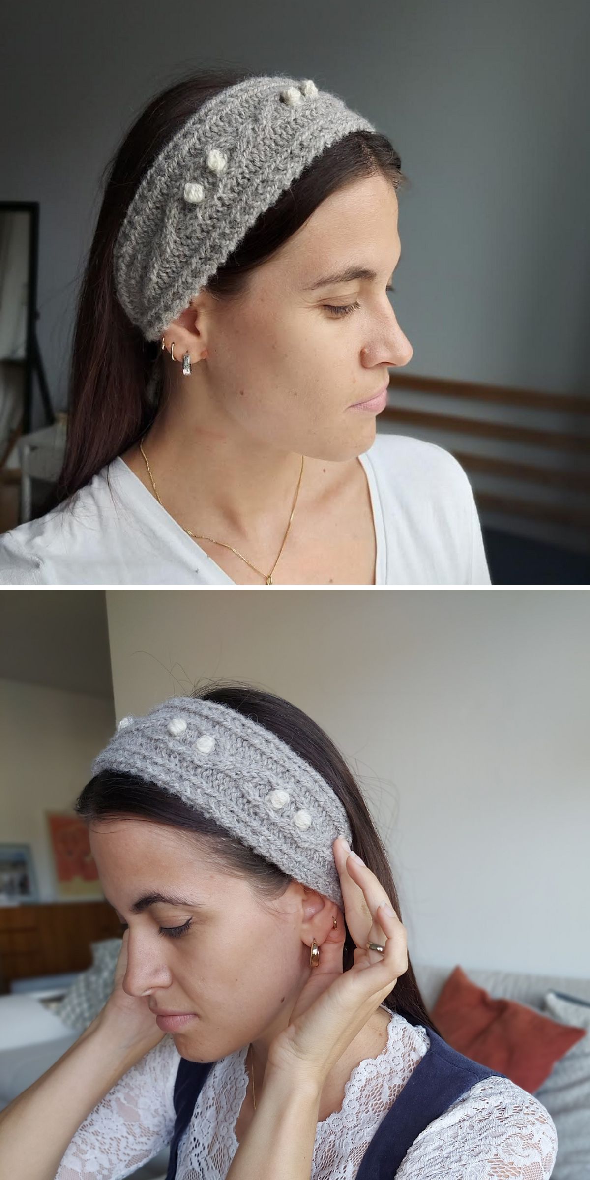Two photos of a woman wearing a stylish light gray knitted headband with pearl accents, shown from the side. She has long dark hair and is indoors in both images.