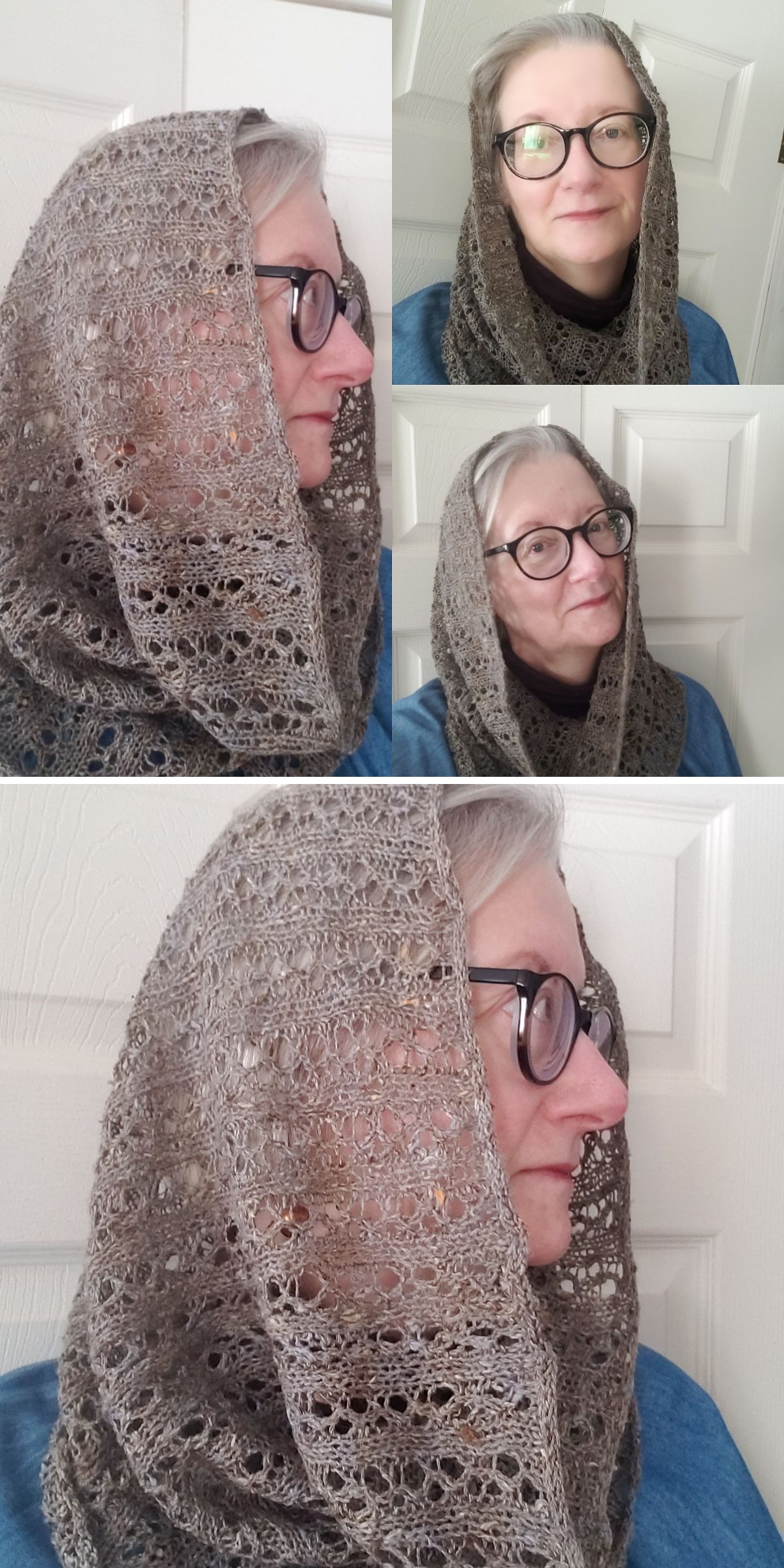 Four photos of a woman with gray hair and glasses wearing a knitted, lacy brown hooded scarf or knitted cowl, pictured from different angles against a white door background.