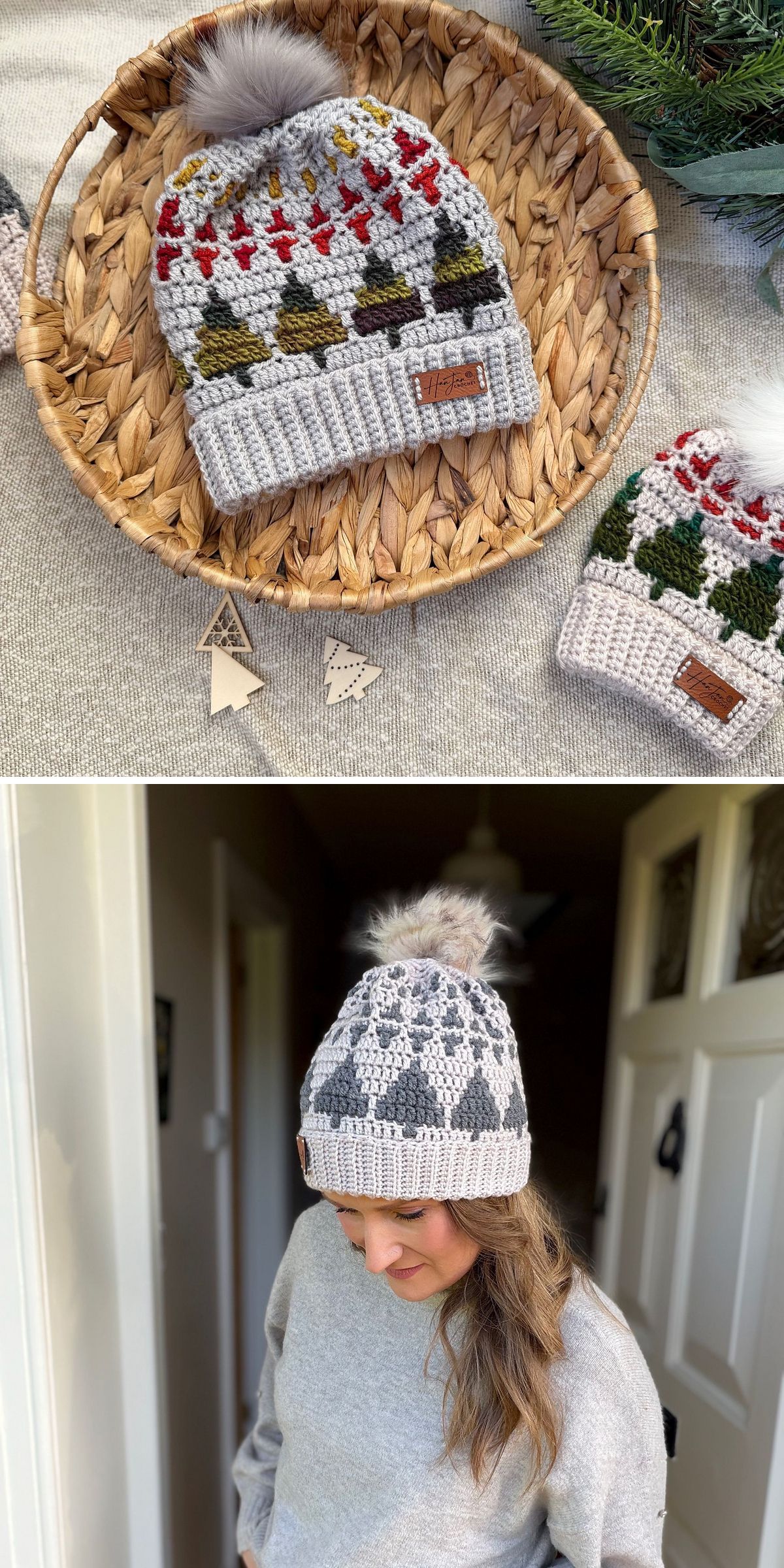 Two knitted hats with holiday patterns, one in a woven tray, and a woman wearing a similar gray and white Crochet Christmas Hat with a pom-pom.