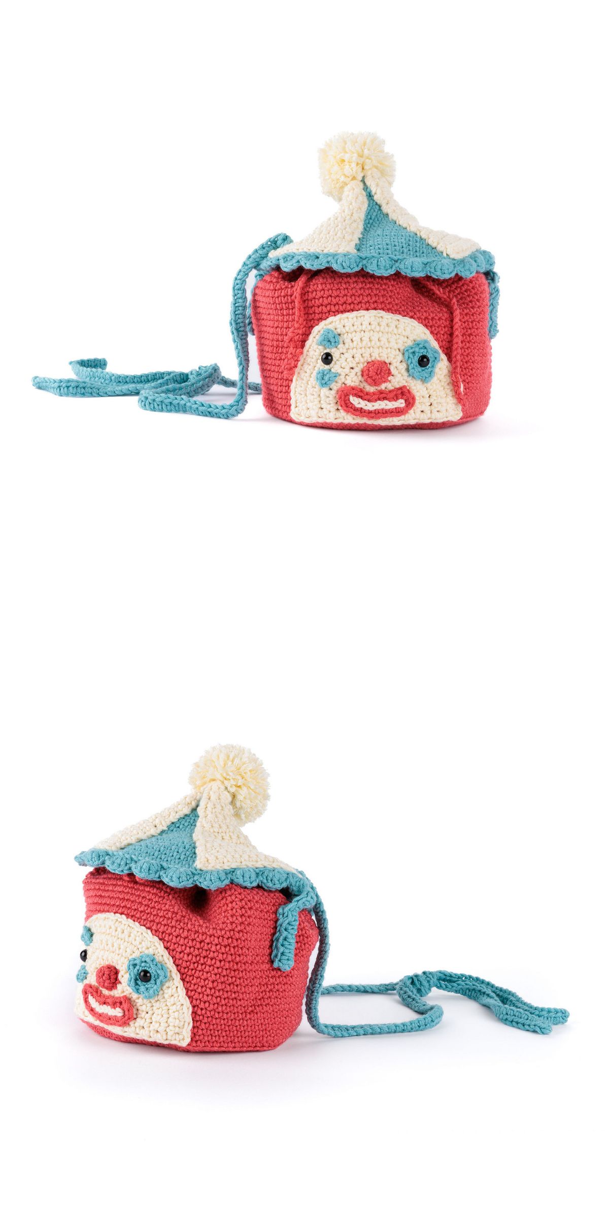 a cute crochet kids' bag shaped like circus with clown face applique