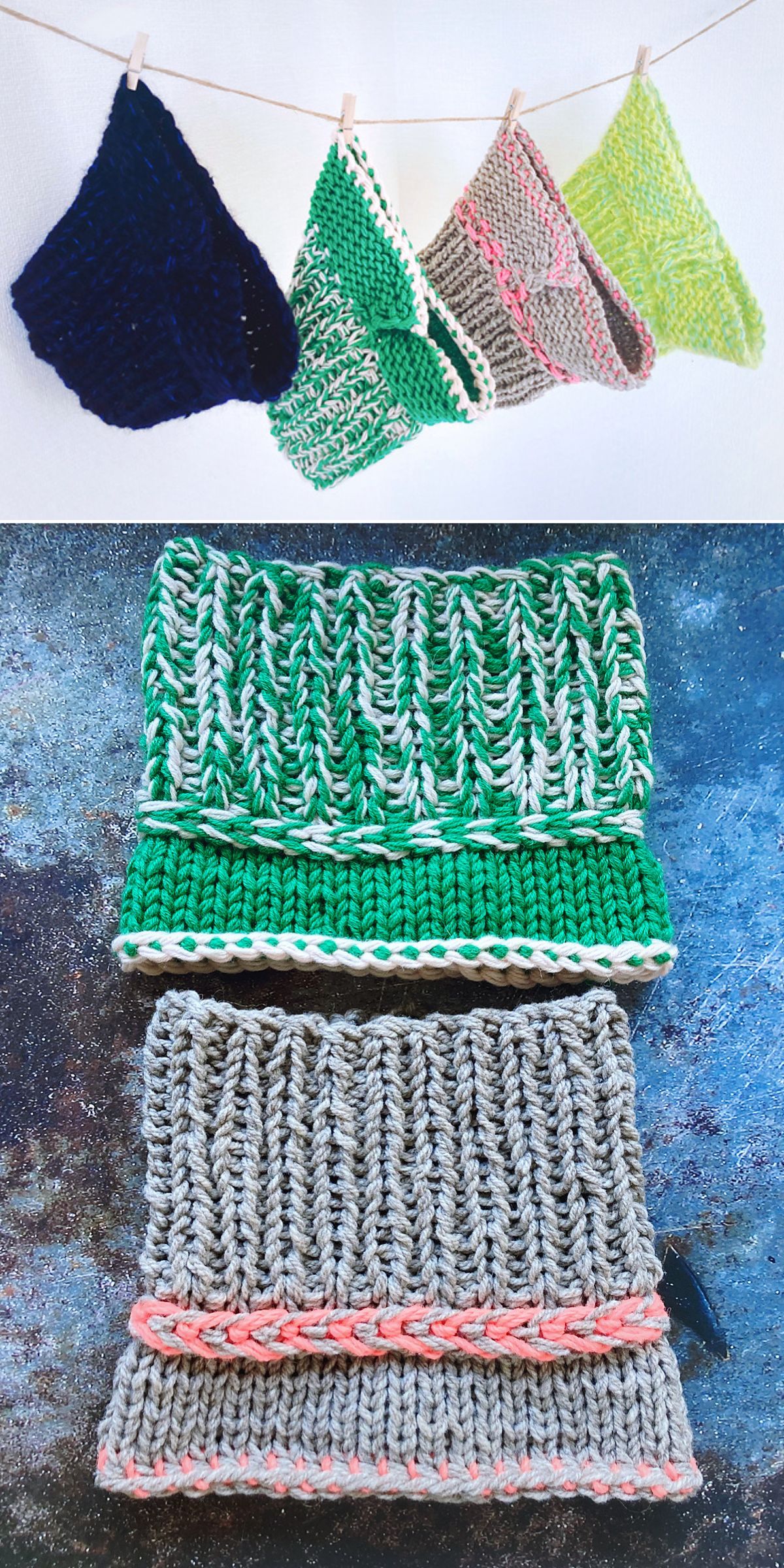 Two images: Four knitted dishcloths hang from a string with clothespins above; below, two chunky knitted cowls—one green and one gray with pink accents—are displayed side by side.