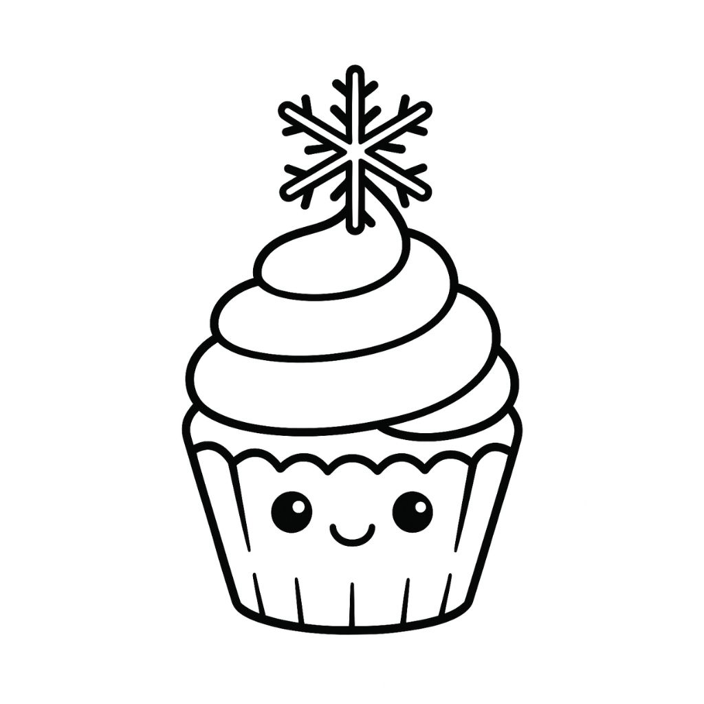A cartoon cupcake with a smiling face, swirled frosting, and a snowflake decoration on top—perfect for winter coloring pages.