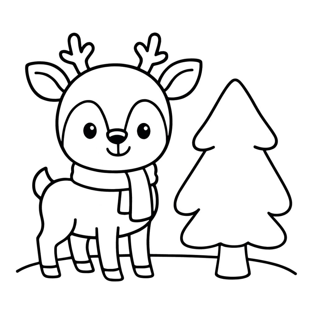 Black and white line drawing of a reindeer wearing a scarf standing next to a pine tree, perfect for winter coloring pages.