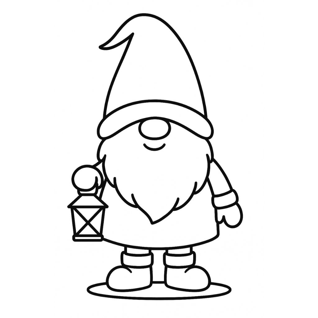 Black and white drawing of a gnome with a tall hat, long beard, and mittens, holding a lantern in one hand—perfect for winter coloring pages.