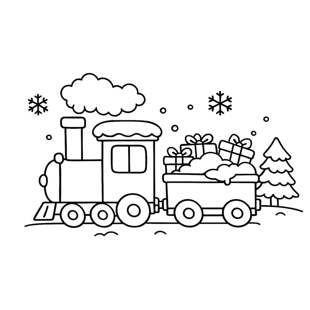 Black and white illustration of a train carrying presents in a snowy landscape, with snowflakes and a pine tree in the background—perfect for winter coloring pages.