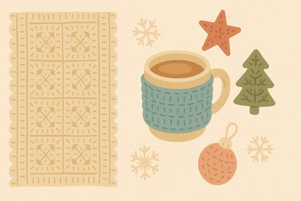 Illustration of a crocheted blanket, a mug with a knitted cozy, festive ornaments, and snowflakes on a beige background—perfect inspiration for cozy crochet winter patterns.