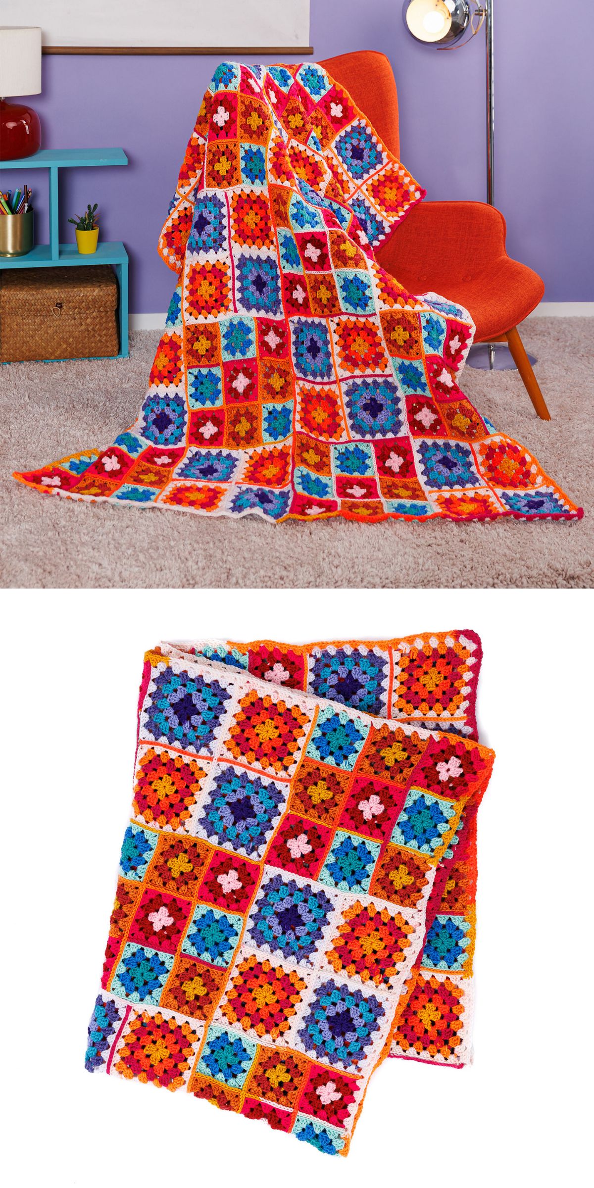 bright red and blue granny squares blanket on a red armchair