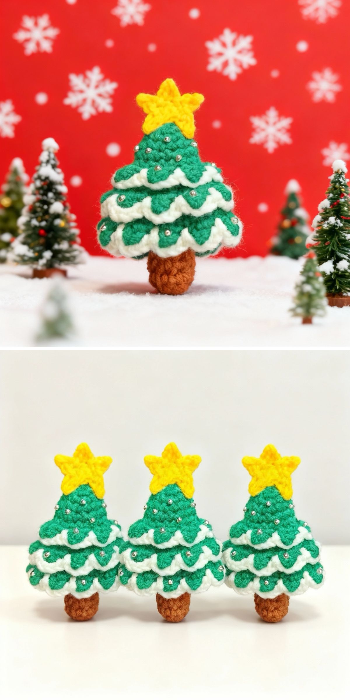 Two images of crochet Christmas trees with yellow star tops; the first shows one tree against a snowy background, while the second features three crochet Christmas trees on a plain white surface.