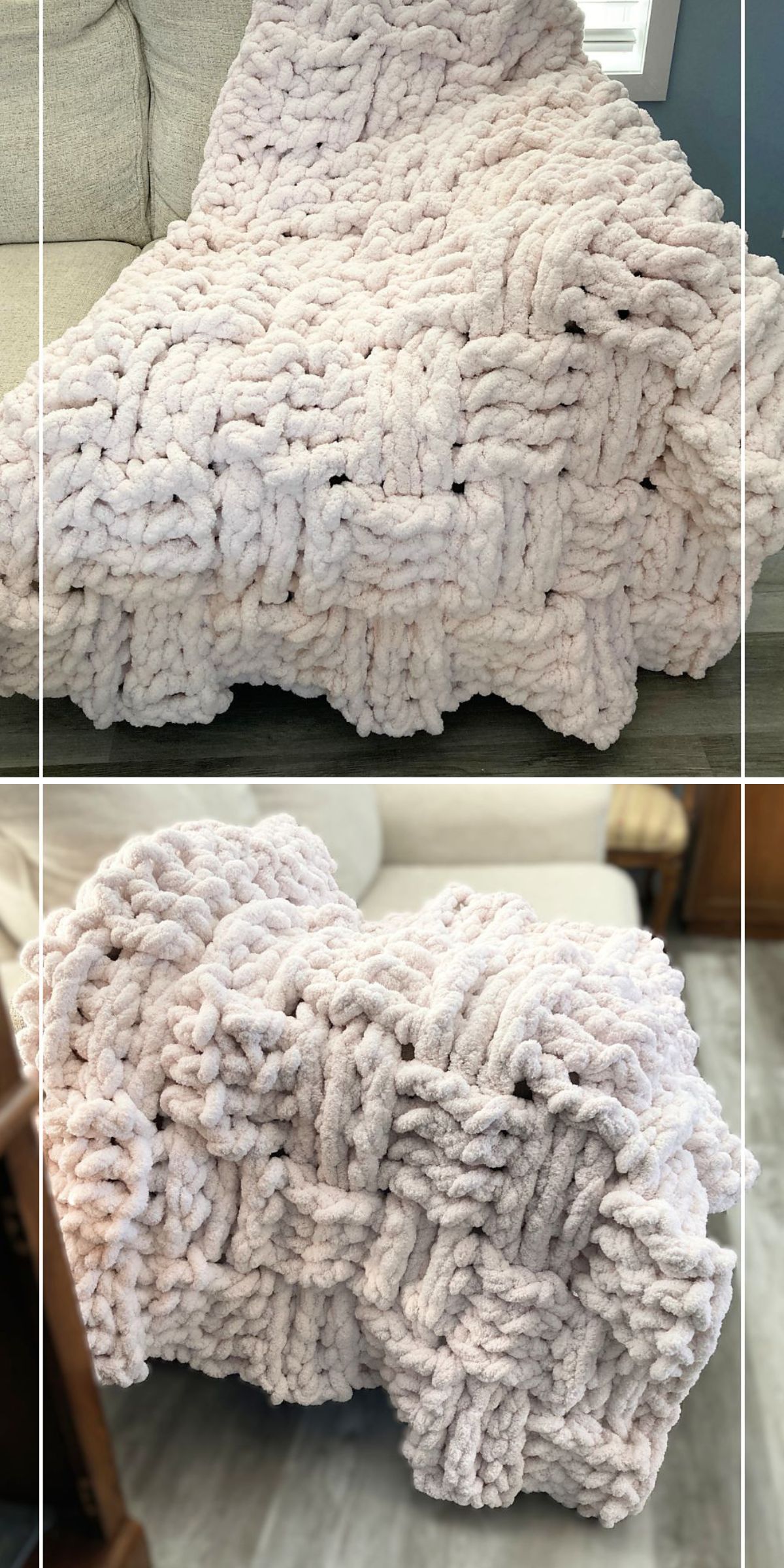 A soft, chunky crochet blanket with a textured, woven pattern is draped over a couch in two different angles.