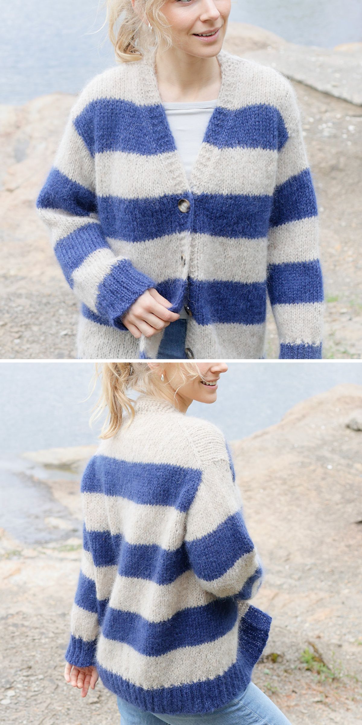 A person wearing a chunky cardigan with wide blue and beige horizontal stripes, shown from the front and back, standing outdoors near water and rocks—a cozy look inspired by Free Knitting Patterns for Cardigans.
