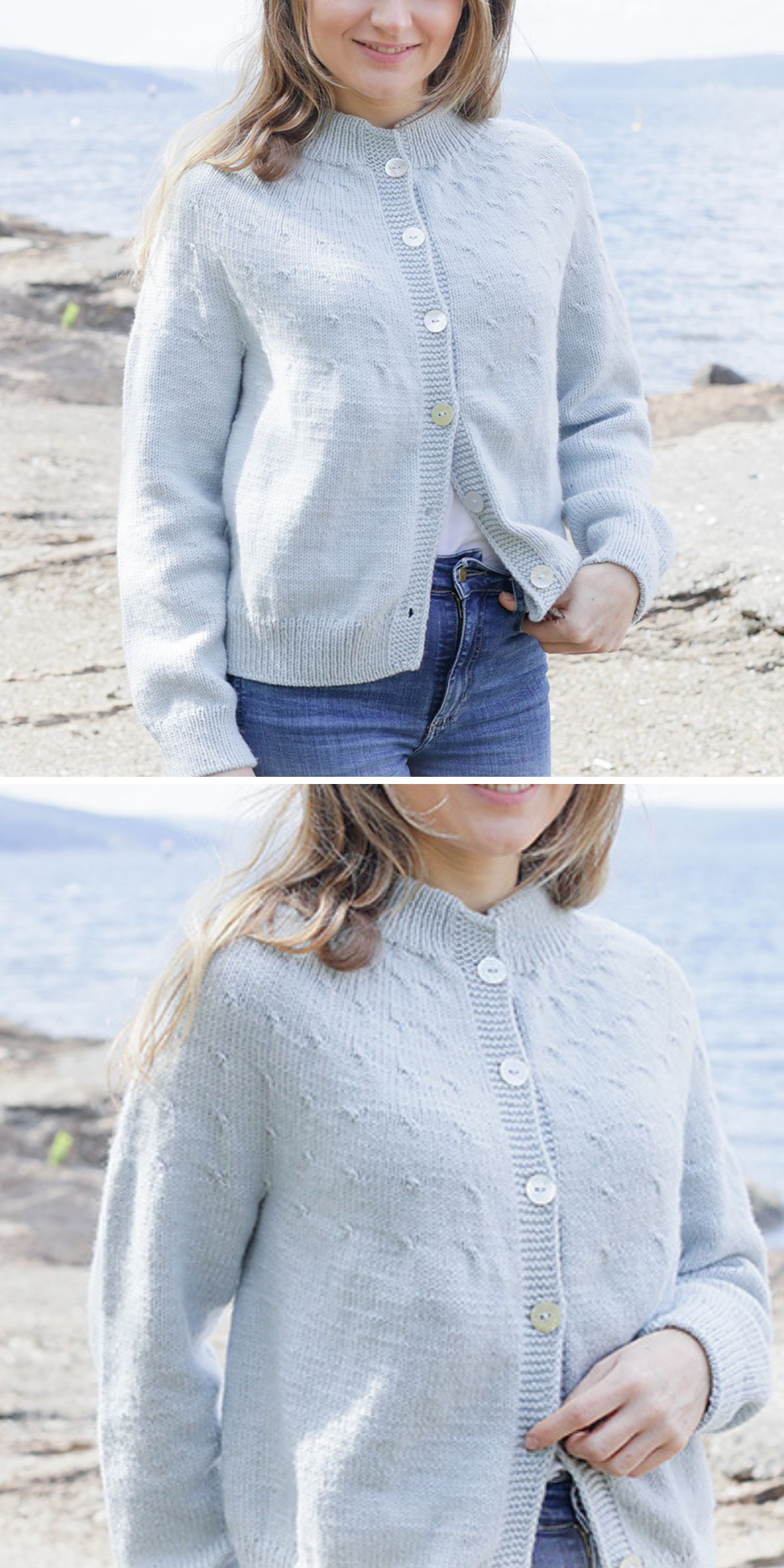 A person wearing a light blue, button-up knitted cardigan and jeans stands outdoors near the water on a rocky shoreline, showcasing stylish comfort perfect for breezy days.