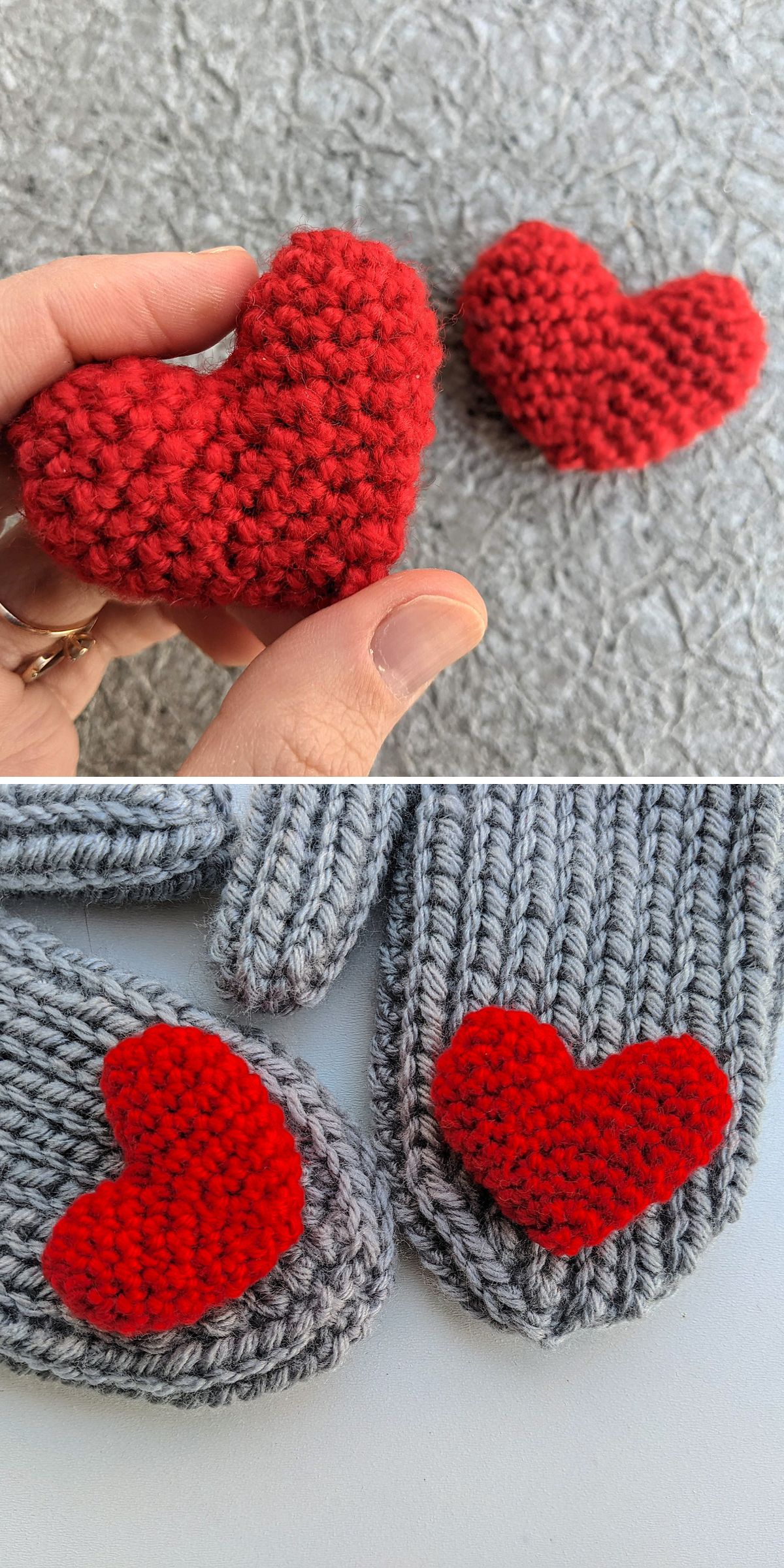 Two photos show small, red amigurumi hearts: in one, two hearts are held in a hand; in the other, two hearts are attached to grey knitted mittens.