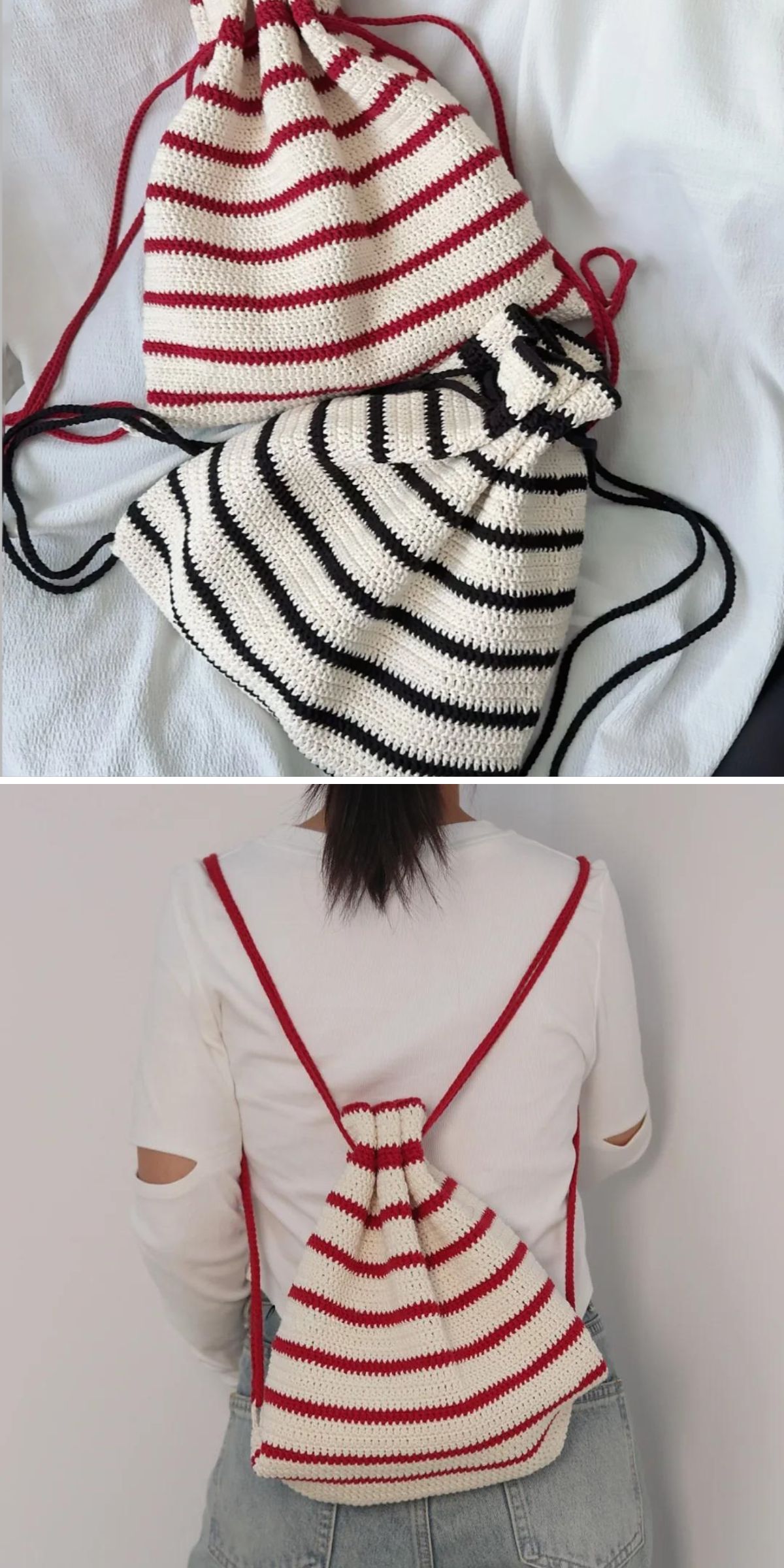 Two striped, crochet drawstring bags — one red and white, one black and white—are displayed on a surface; in the lower image, the red and white crochet backpack is worn by a person.