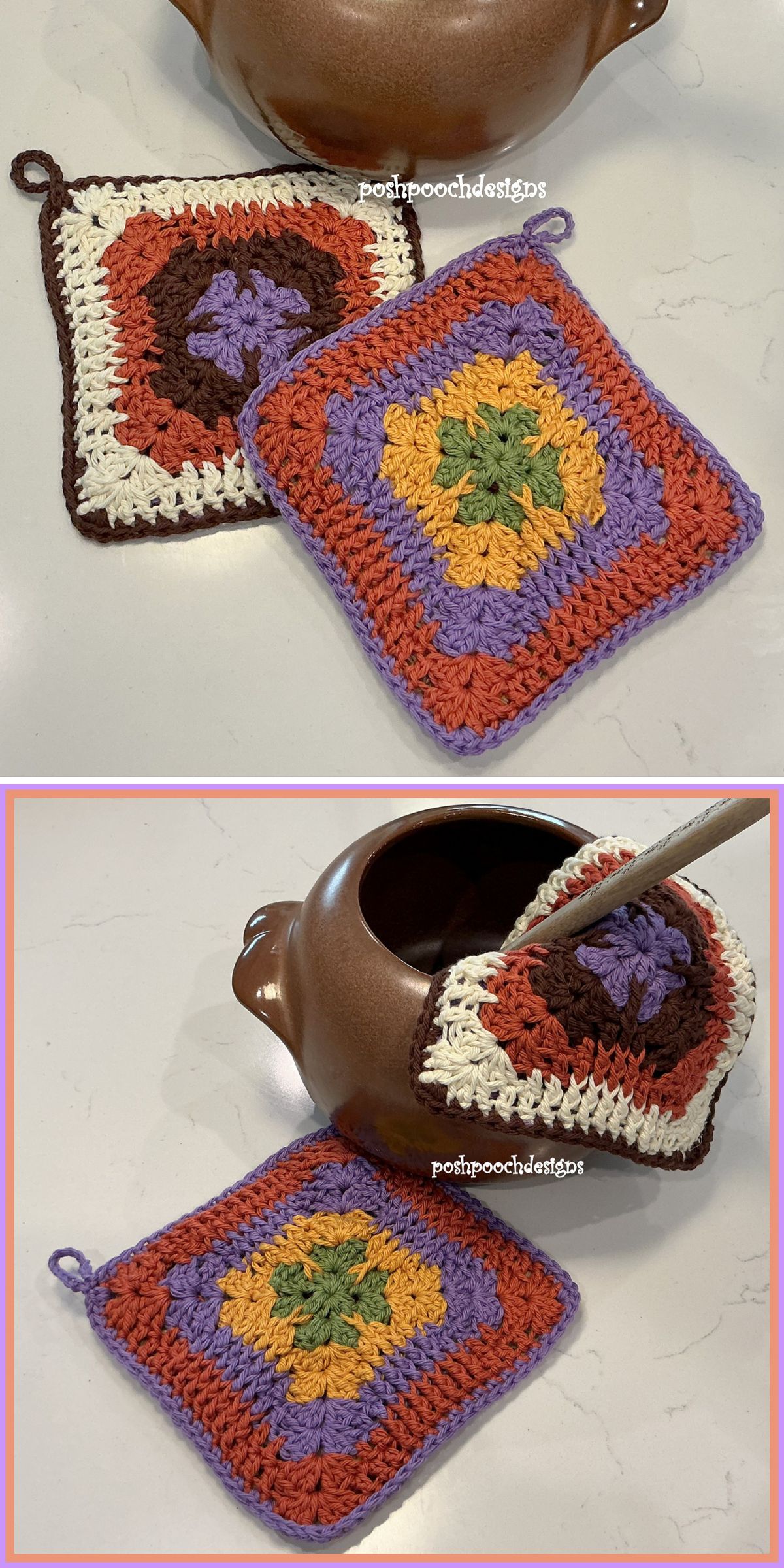 thick square crochet potholders with a design of classic granny square