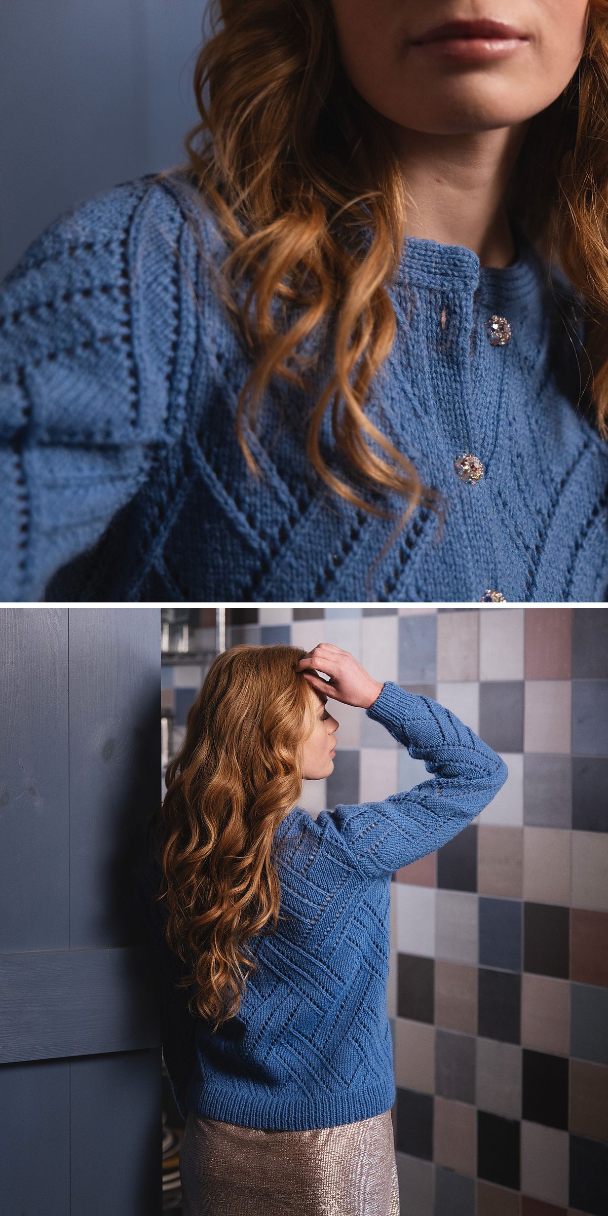 A woman with wavy, light brown hair wears a textured blue knit sweater made from free knitting patterns and a silver skirt, standing in a tiled room with blue and gray tones.