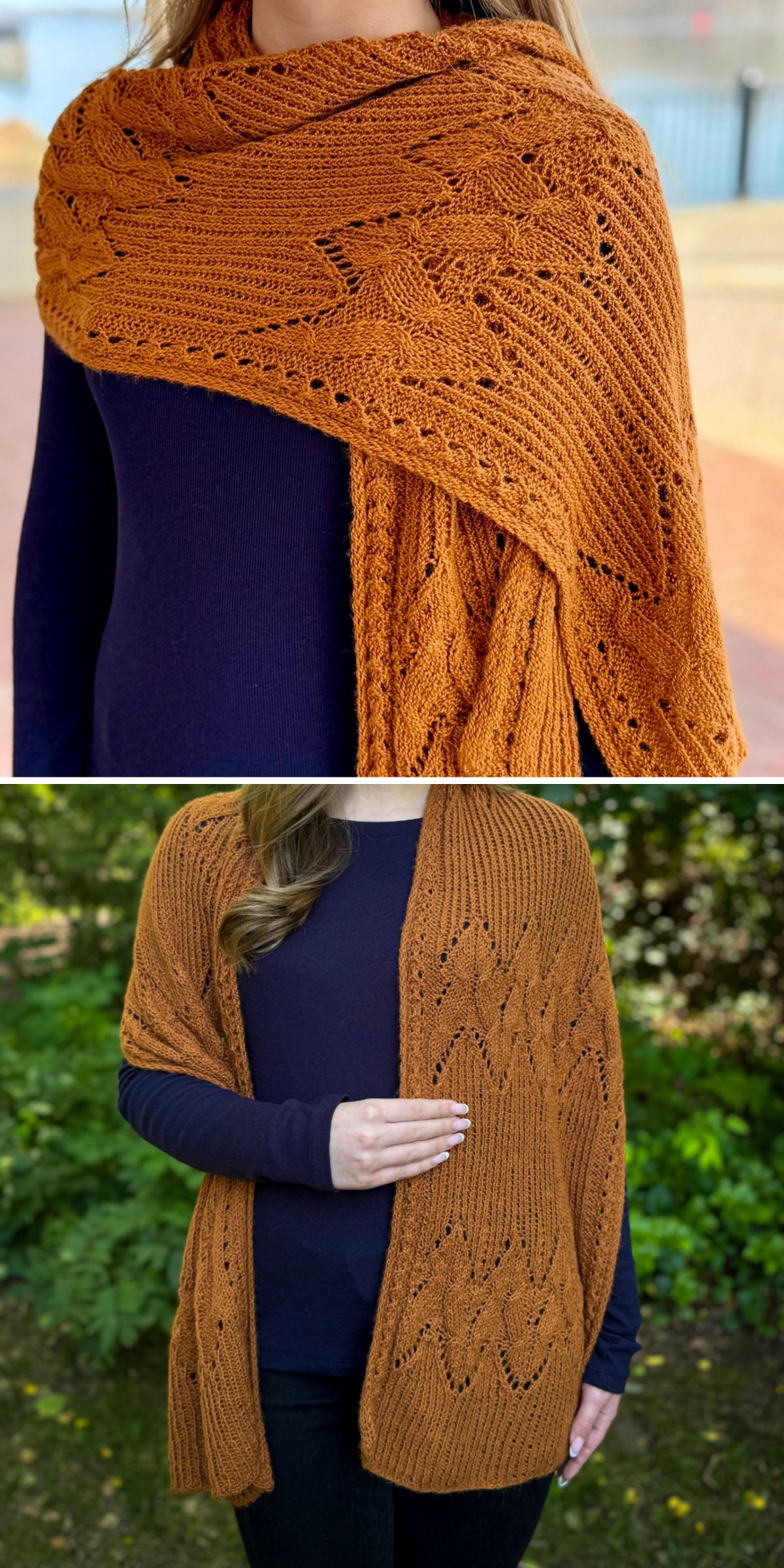 A person wearing a rust-colored knit shawl with a leaf pattern, inspired by free knitting patterns for wraps, over a navy long-sleeve shirt, shown in two different outdoor settings.