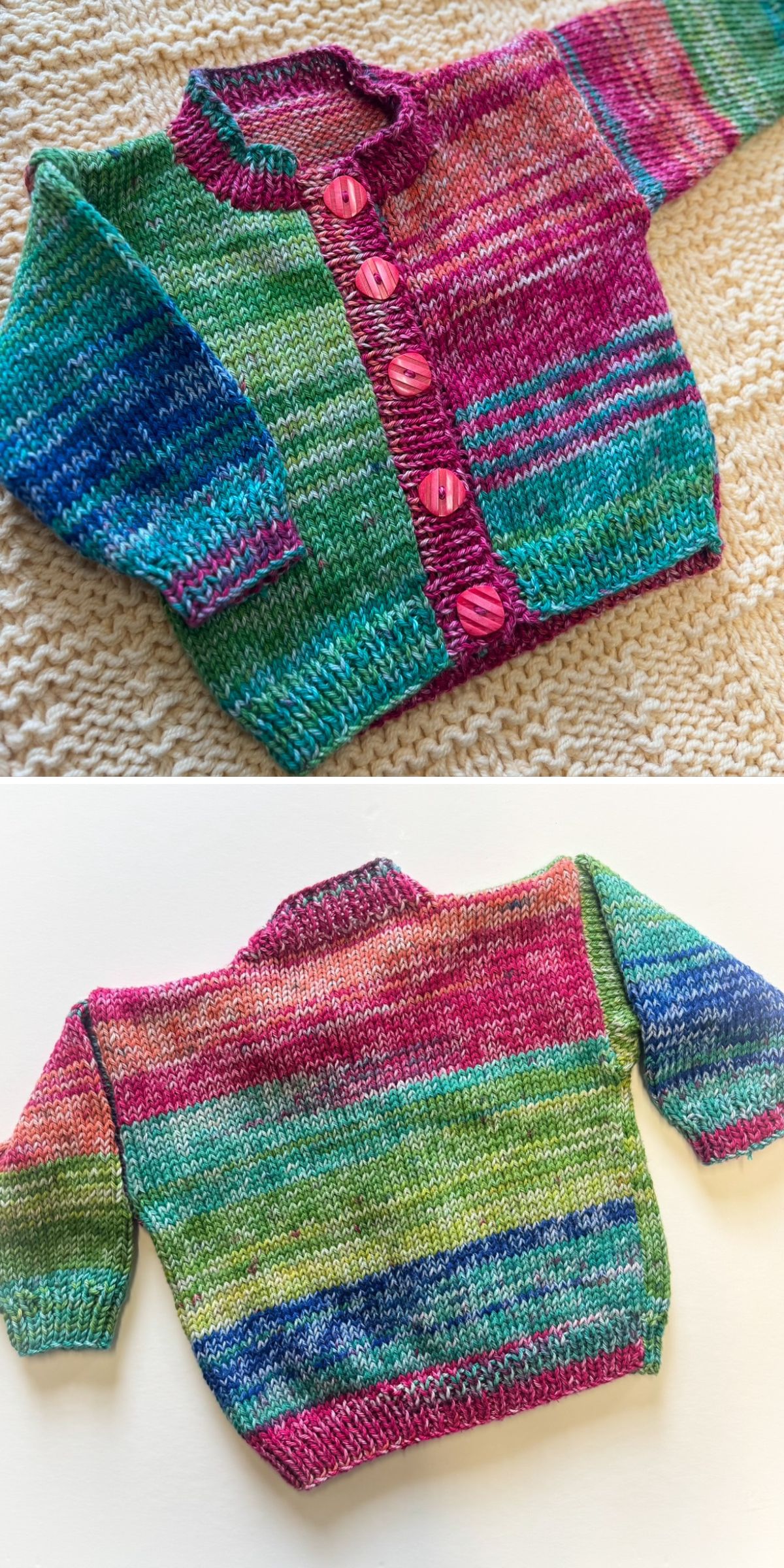 Two views of a colorful, hand-knit baby cardigan — a charming example of knitted kids clothes. The front features pink buttons, while the back displays blended stripes in green, pink, and blue tones.