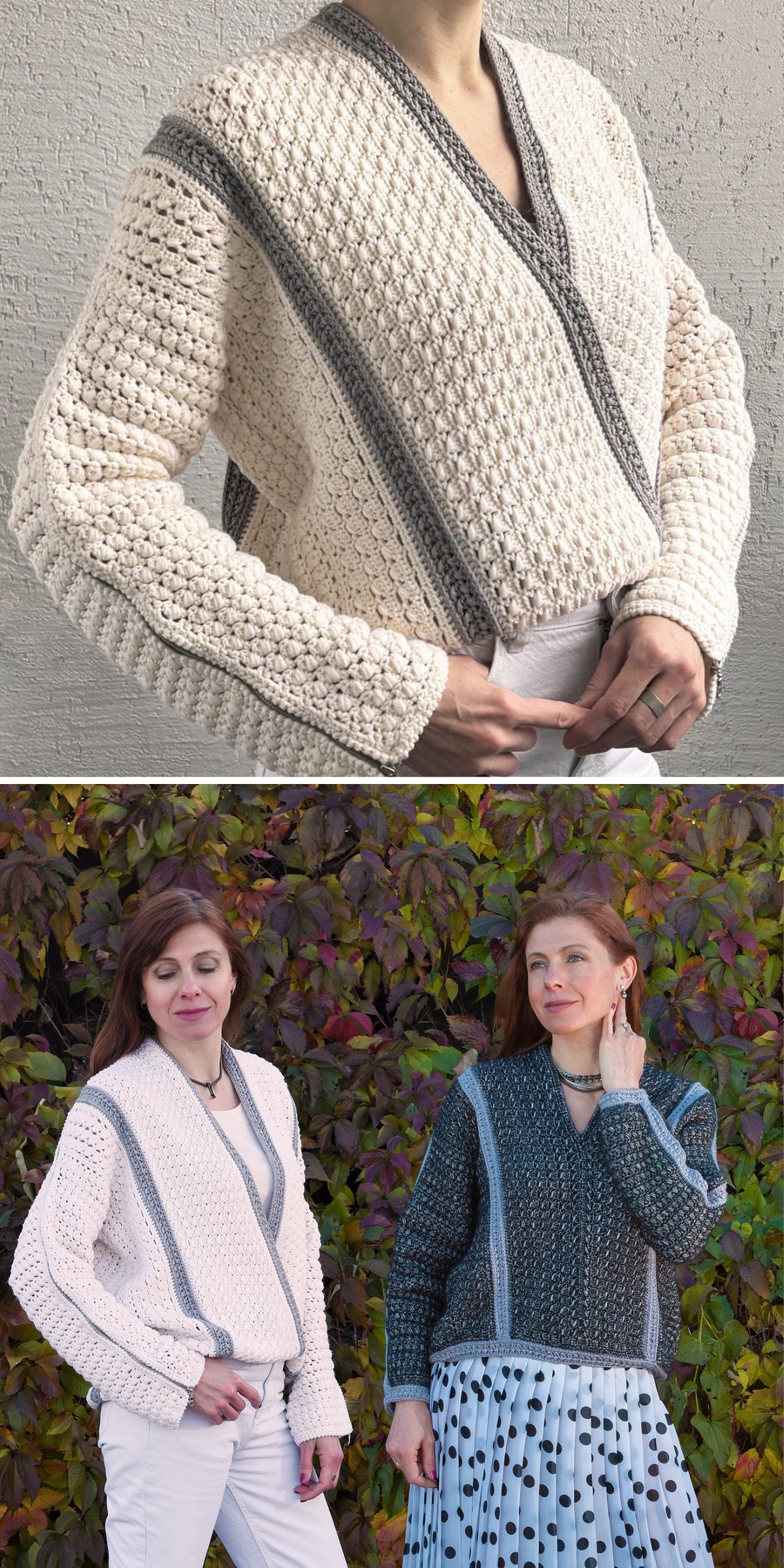 Three women showcase chic crochet cardigans with contrasting trim — one sports cream with gray detail indoors, while two outside wear crochet cardigans in cream and dark gray amid leafy backdrops.