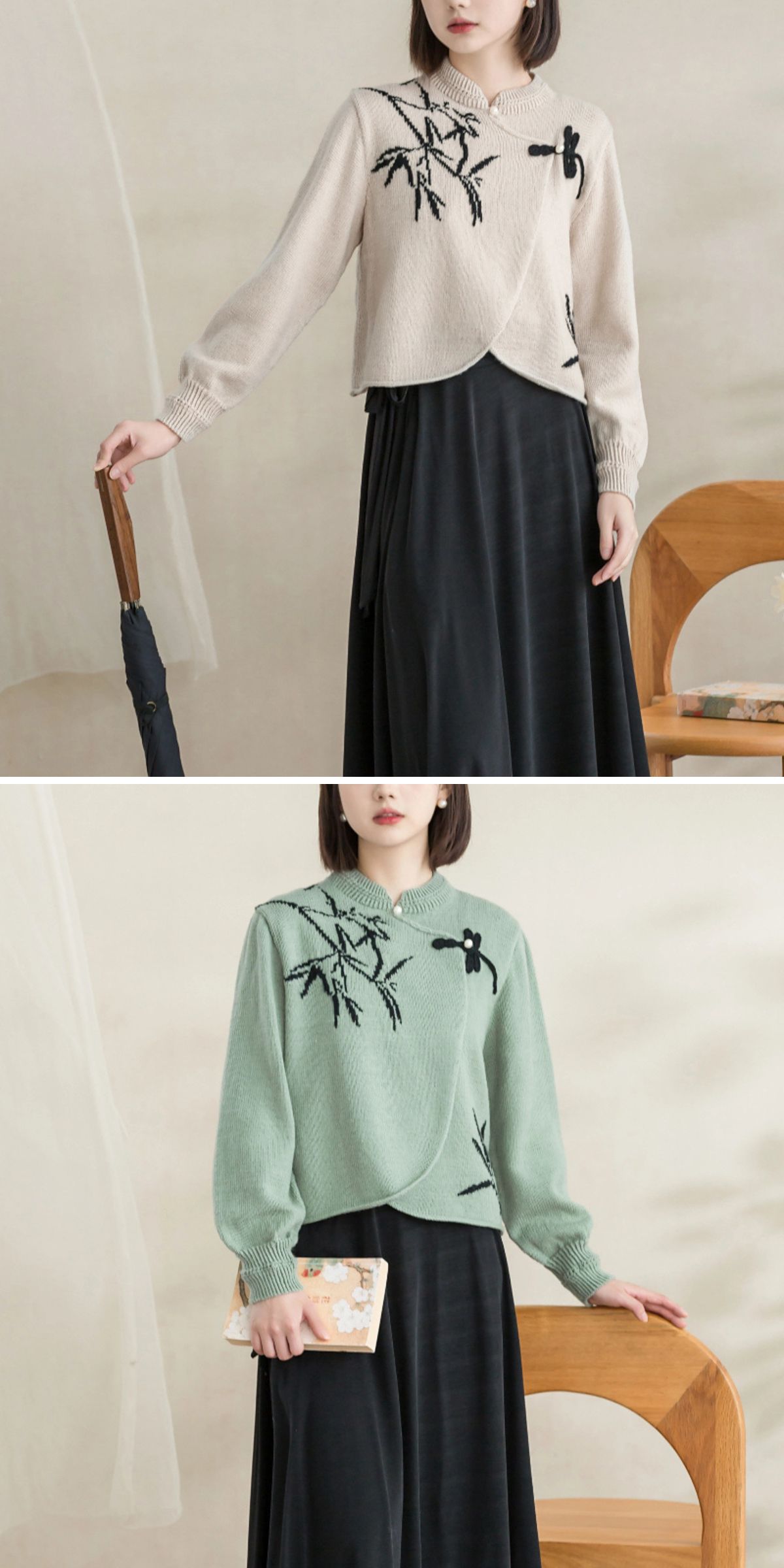 Two women are shown from shoulders down, each wearing a long black skirt and a wrap-style cardigan—one beige, the other green—with black branch patterns on the chest for a look of stylish comfort.