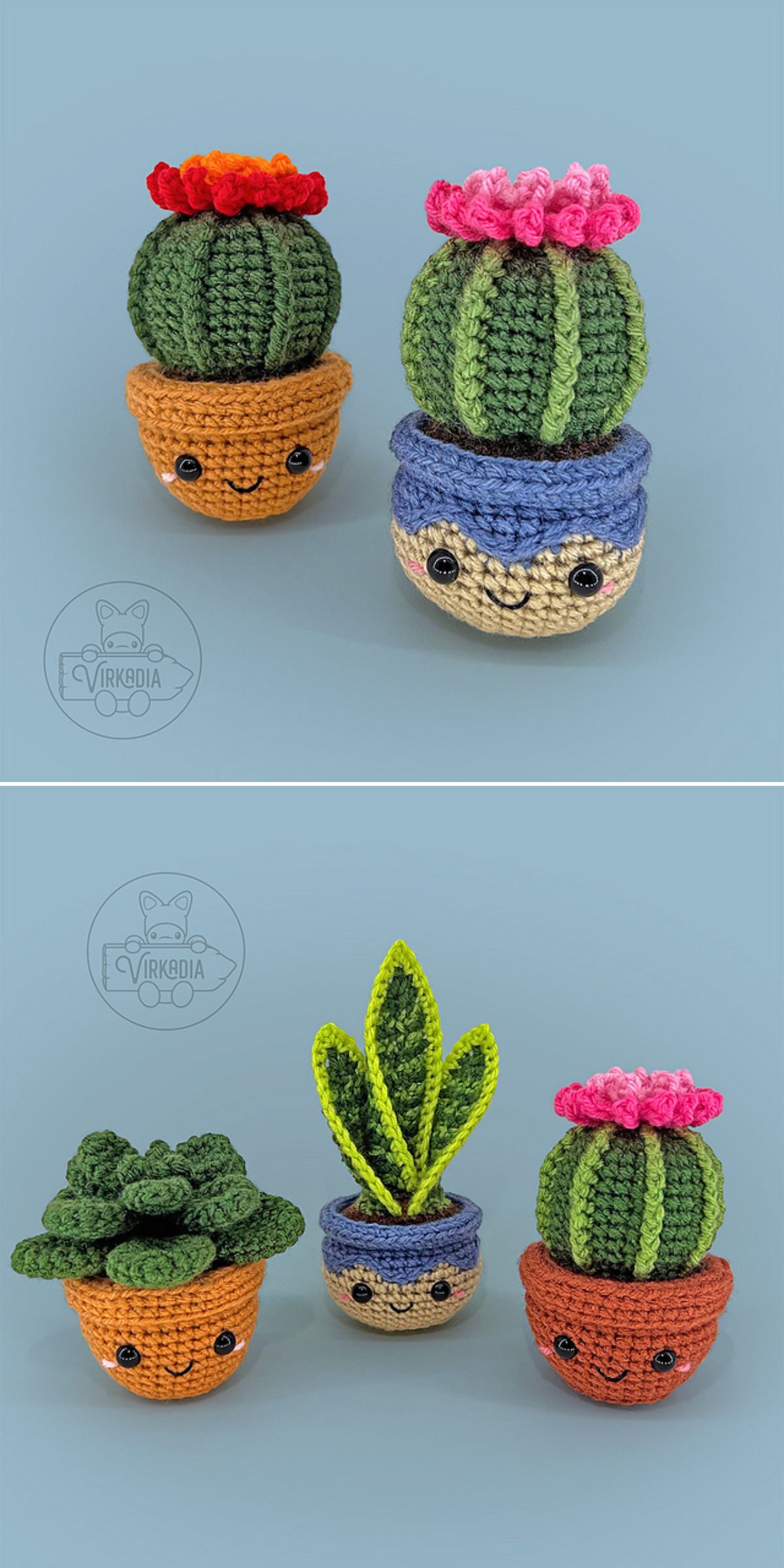 Crocheted potted cacti and succulents with smiling faces are arranged in two groups on a light blue background, showcasing adorable zero-care greenery perfect for any space.