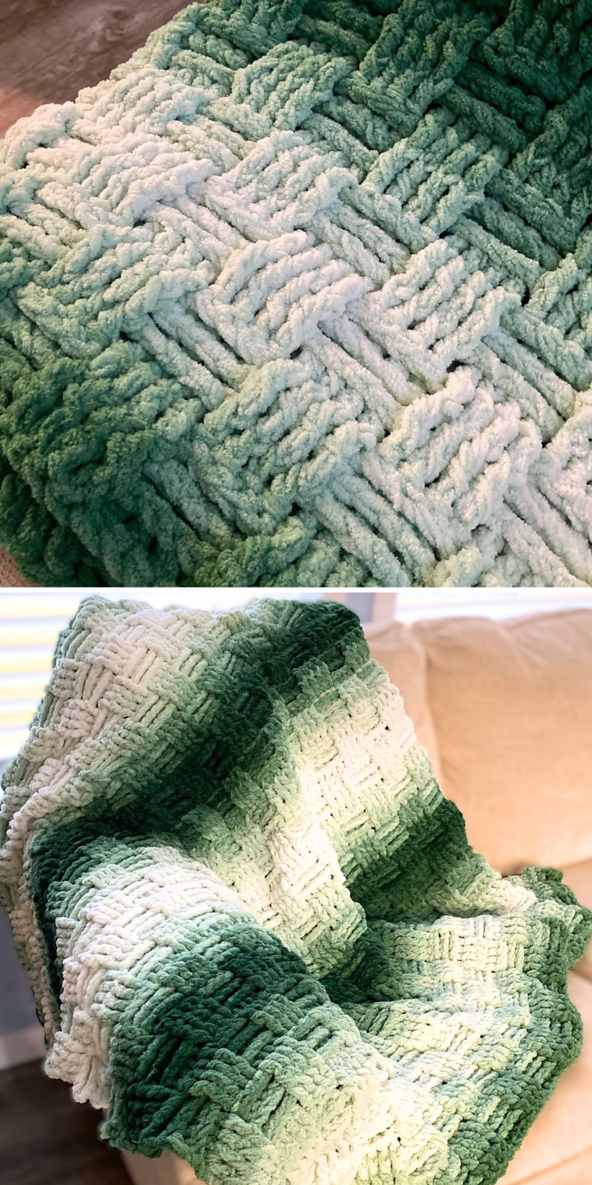 Two images show a soft, green-and-white crochet blanket with a textured, woven pattern draped over a surface and a couch.