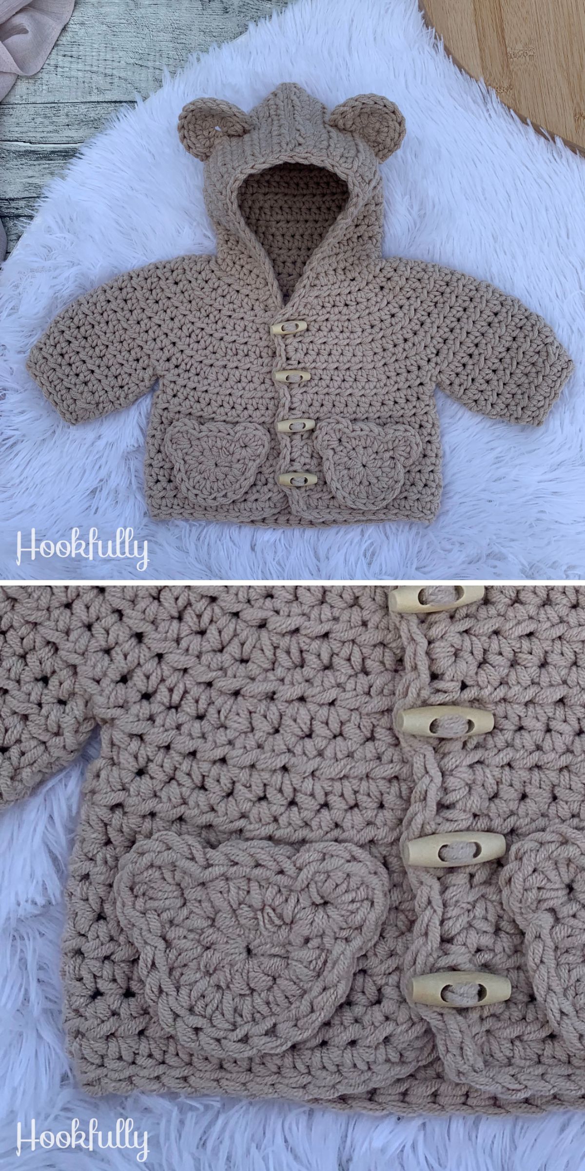 a crochet baby jacket with a hood and bear ears