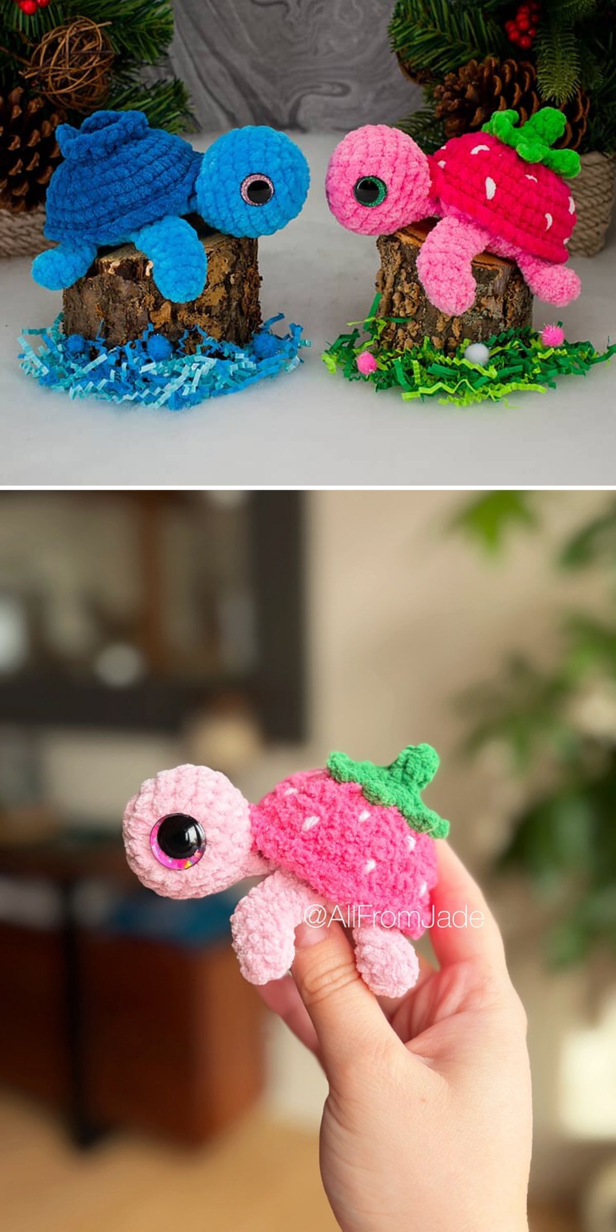 Two crocheted turtle toys, one blue and one pink, are displayed on logs with colored grass; a close-up shows a hand holding the pink crocheted turtle with a green shell.