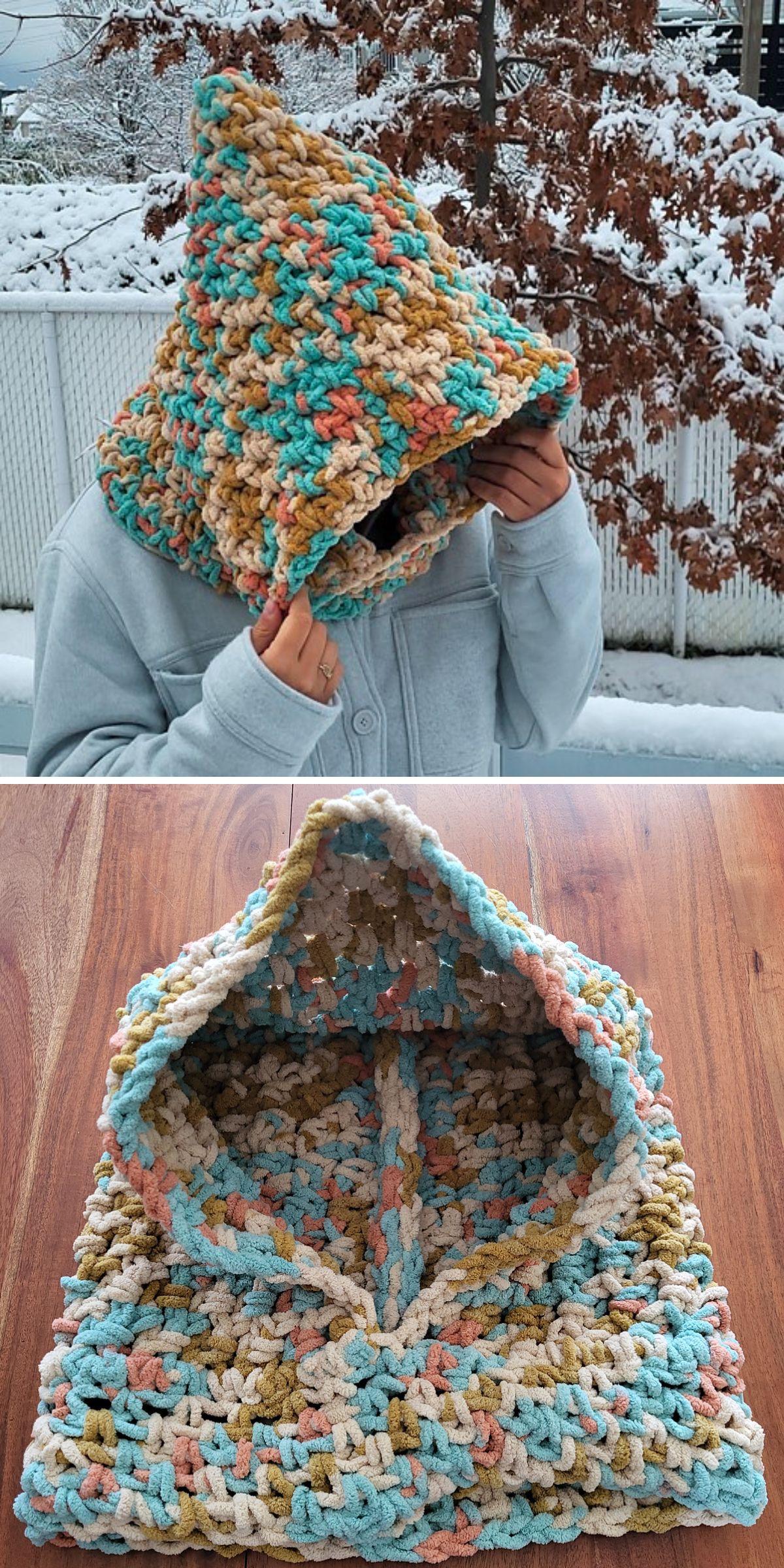 A person wears a chunky, multicolored crochet hood outdoors in winter; below, the same cozy hood is displayed flat on a wooden surface.