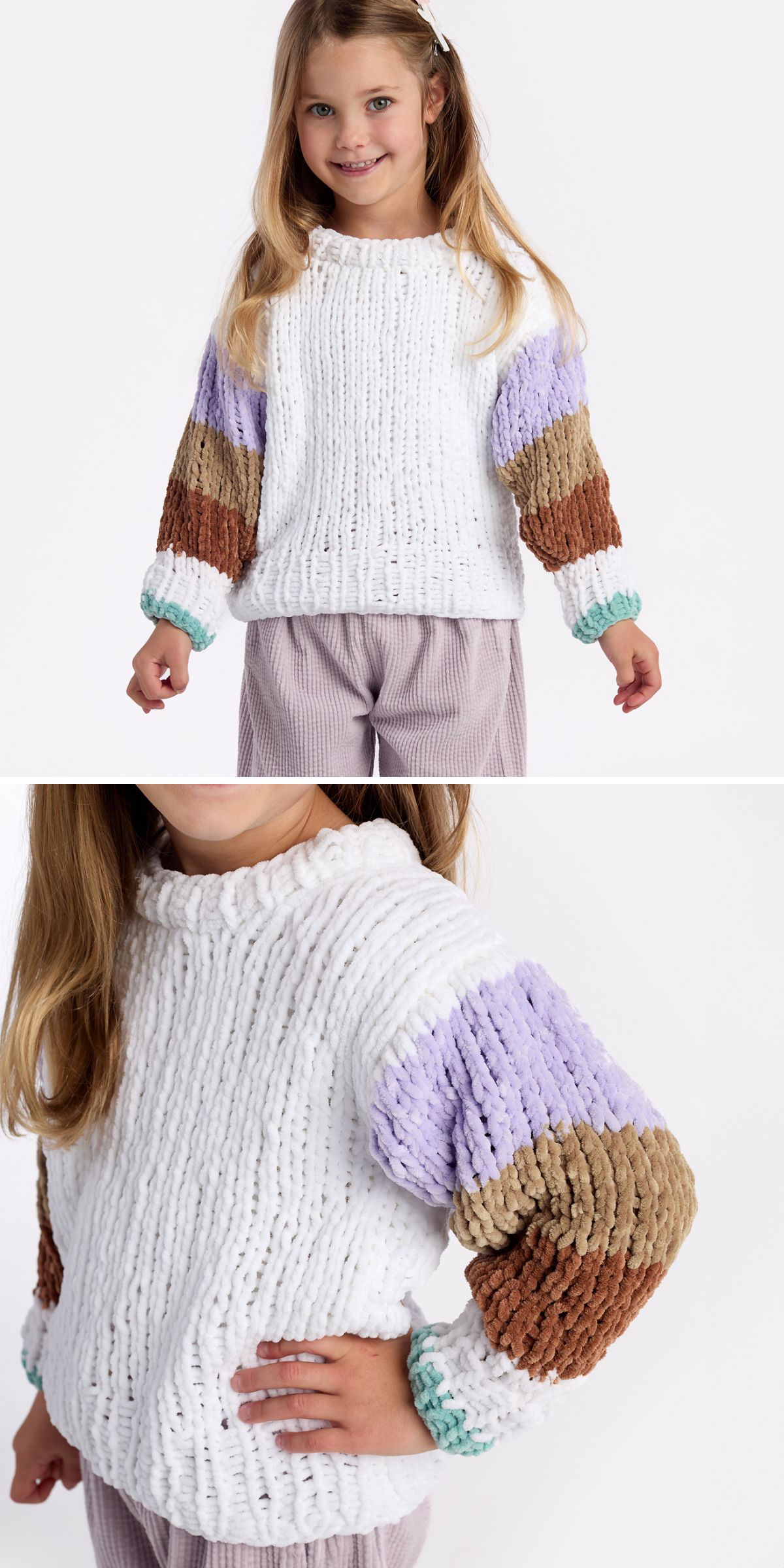 A young girl wears a chunky knitted kids clothes sweater with a white body and striped sleeves in purple, brown, and mint, paired with light purple pants.