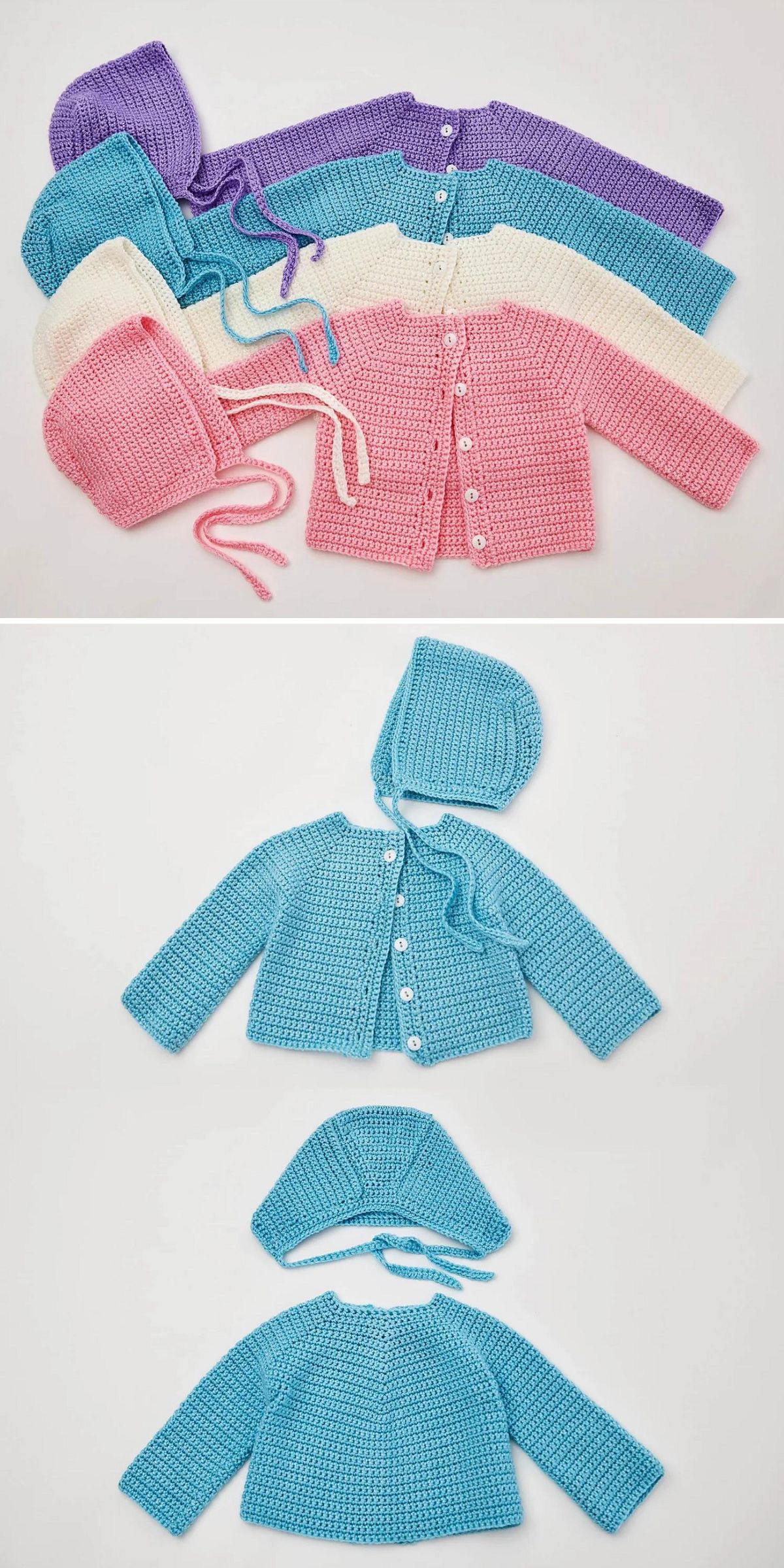 Four knitted baby cardigans and matching bonnets in pastel colors, shown together and individually laid out on a white background, alongside a charming crochet baby jacket for added style.