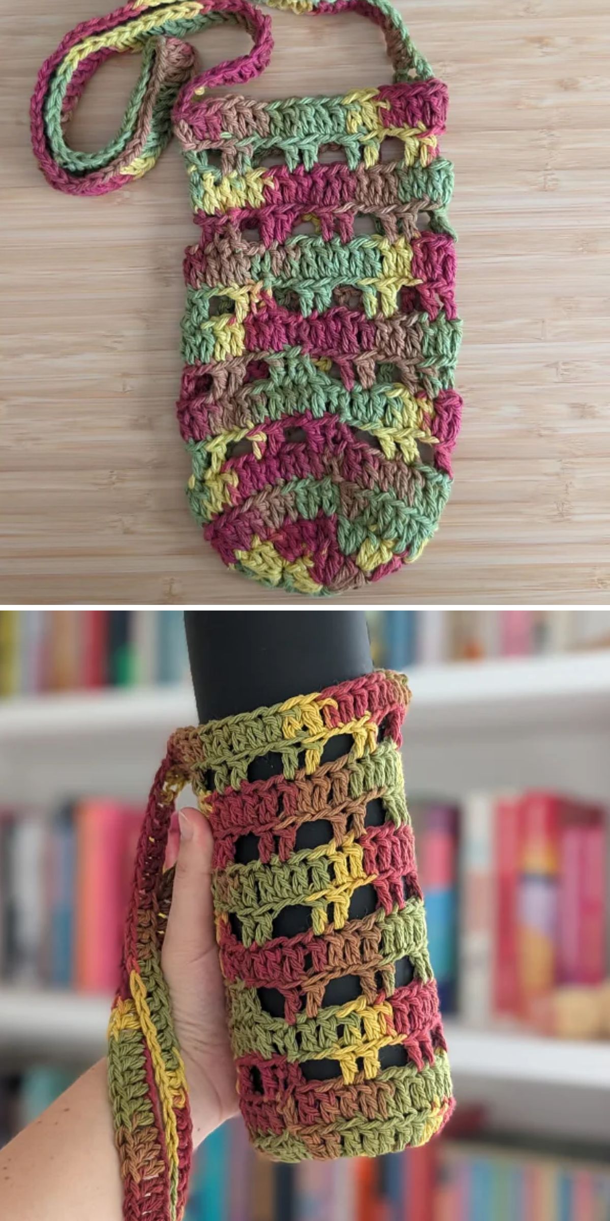 Two images featuring a crochet bottle holder: one laid flat to show its multicolored design, and another in use holding a bottle with bookshelves visible in the background.