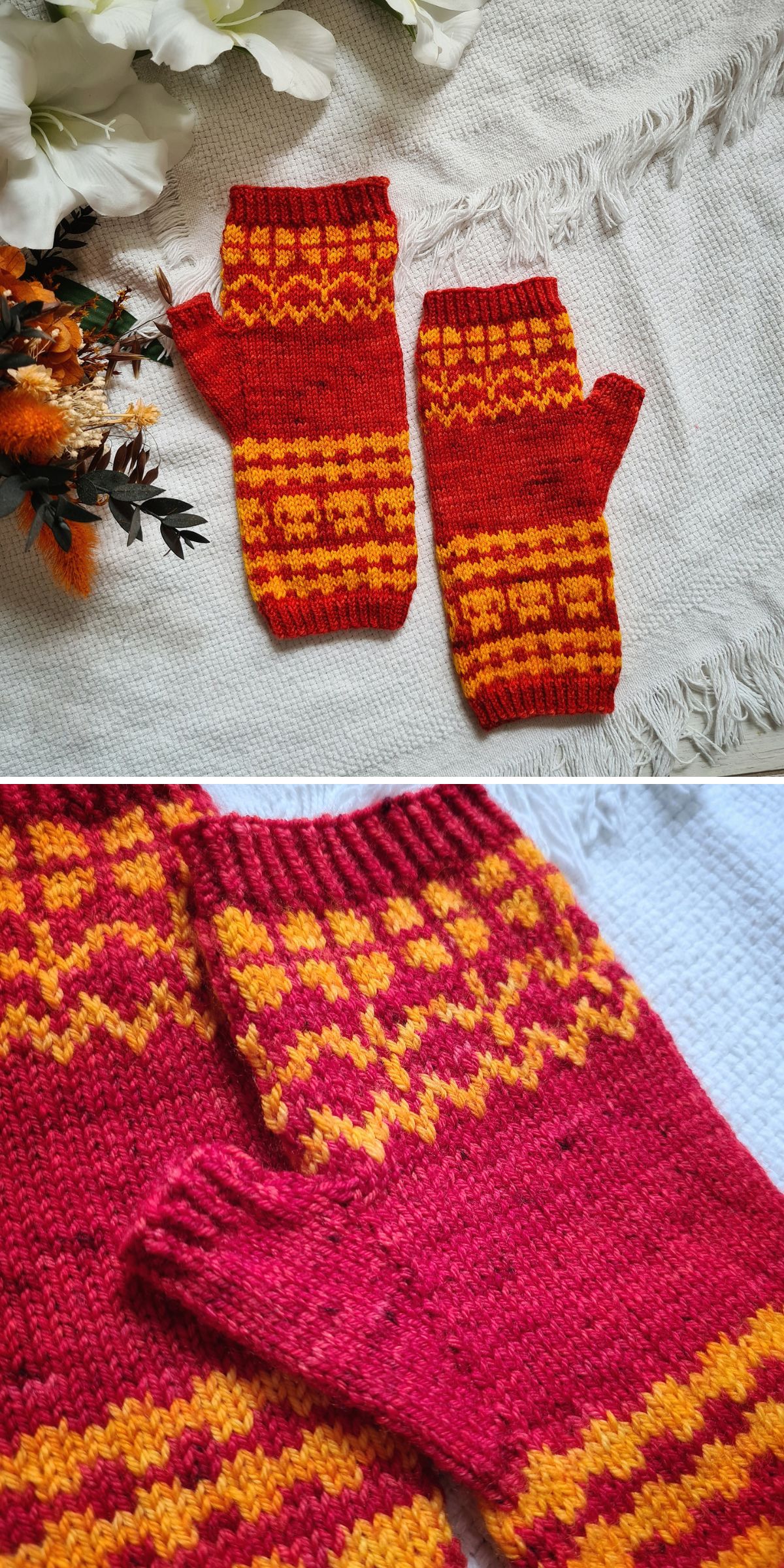 Two knit fingerless gloves with red and yellow geometric patterns are displayed on a textured white fabric beside orange and white flowers, offering inspiration for those seeking free knitting patterns for fingerless gloves.