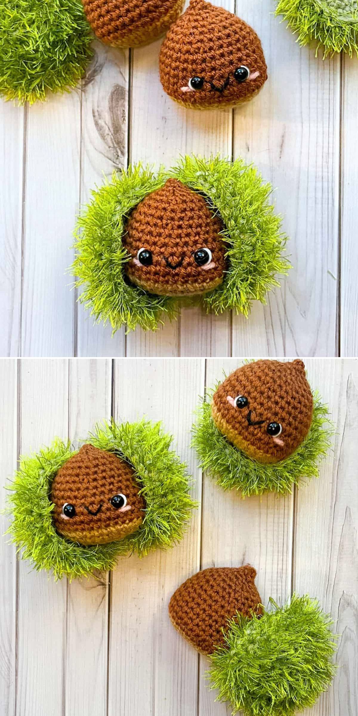 Crocheted brown chestnut plush toys with black eyes, some partially surrounded by fuzzy green crochet plant yarn, arranged on a light wooden surface.